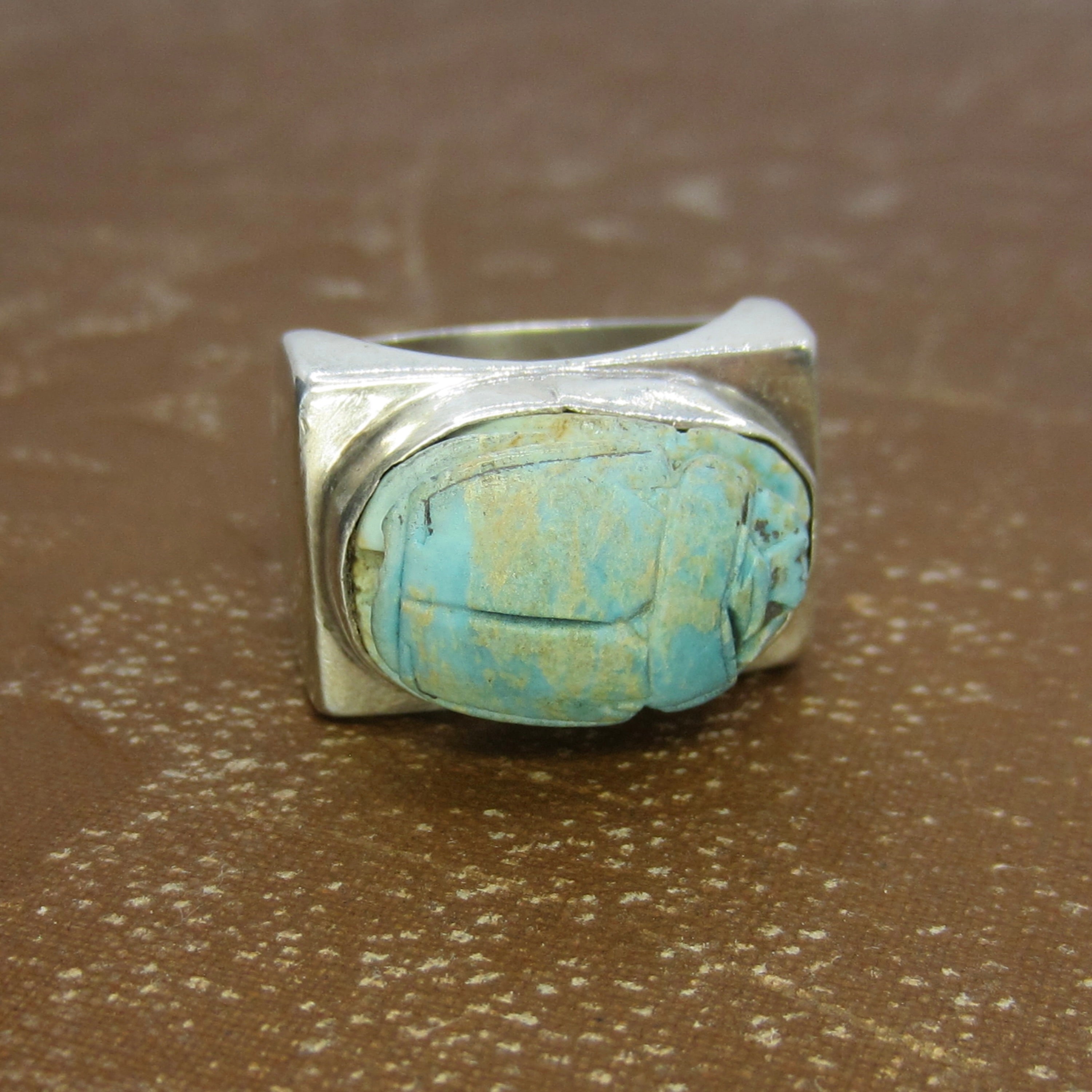 Vintage Sterling Silver Faience Scarab Ring c.1970s