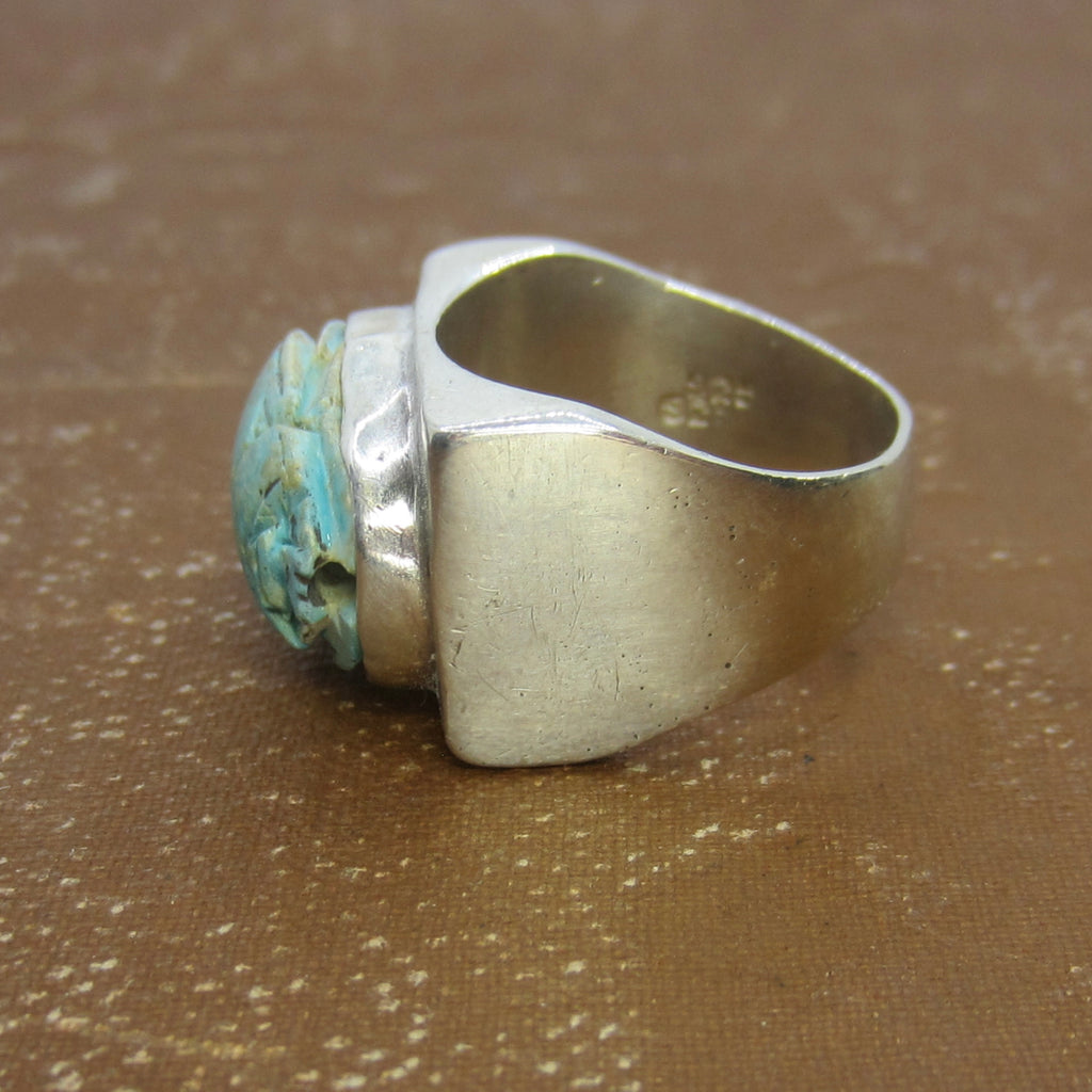 Vintage Sterling Silver Faience Scarab Ring c.1970s