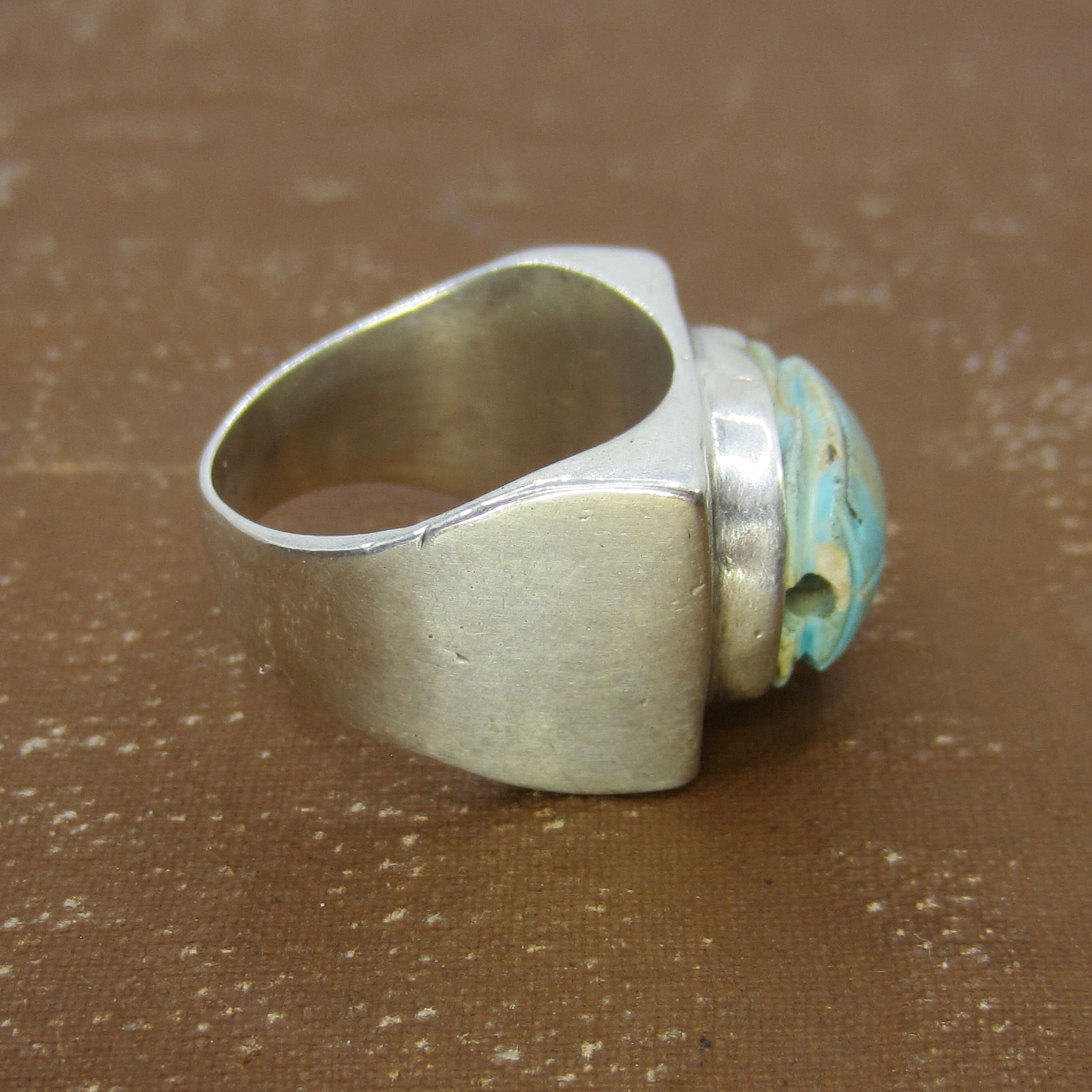 Vintage Sterling Silver Faience Scarab Ring c.1970s