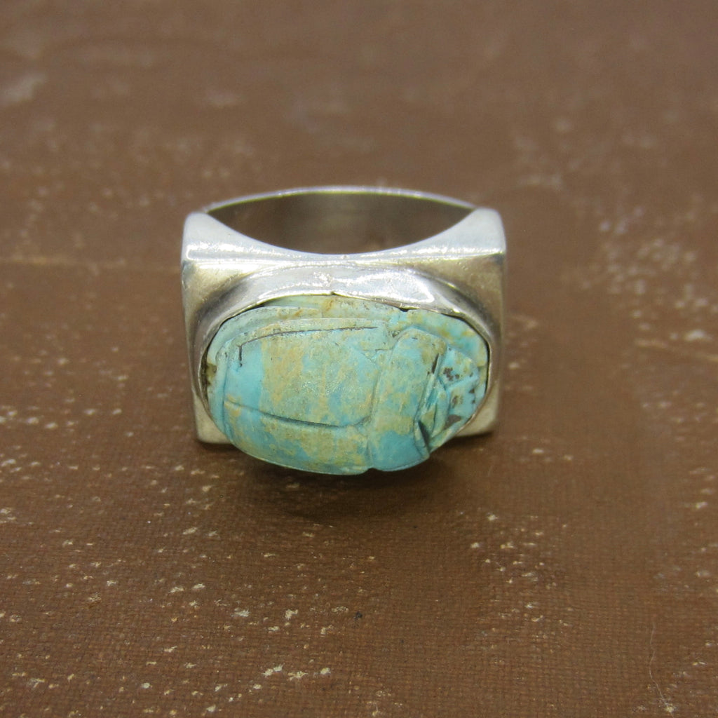 Vintage Sterling Silver Faience Scarab Ring c.1970s