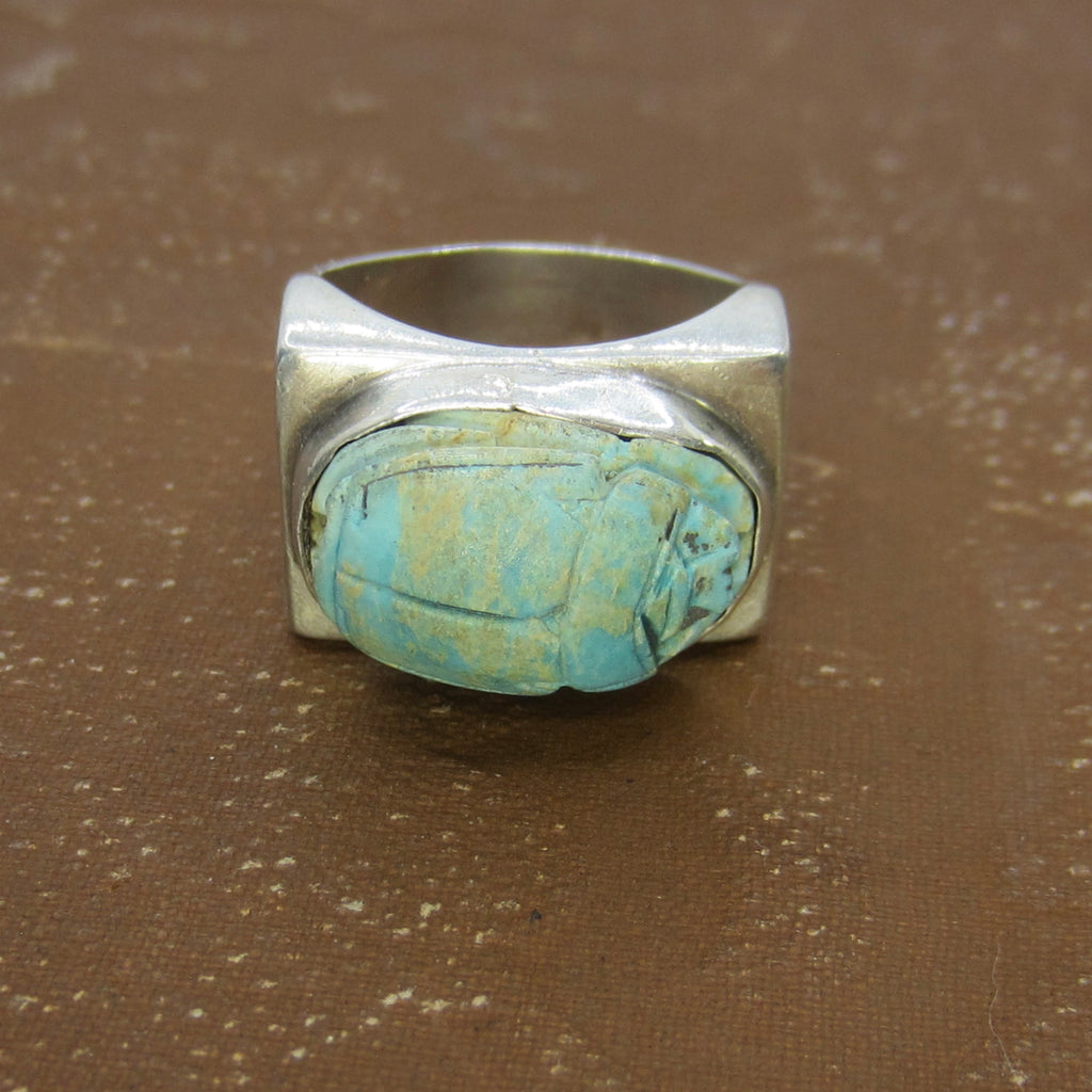 Vintage Sterling Silver Faience Scarab Ring c.1970s