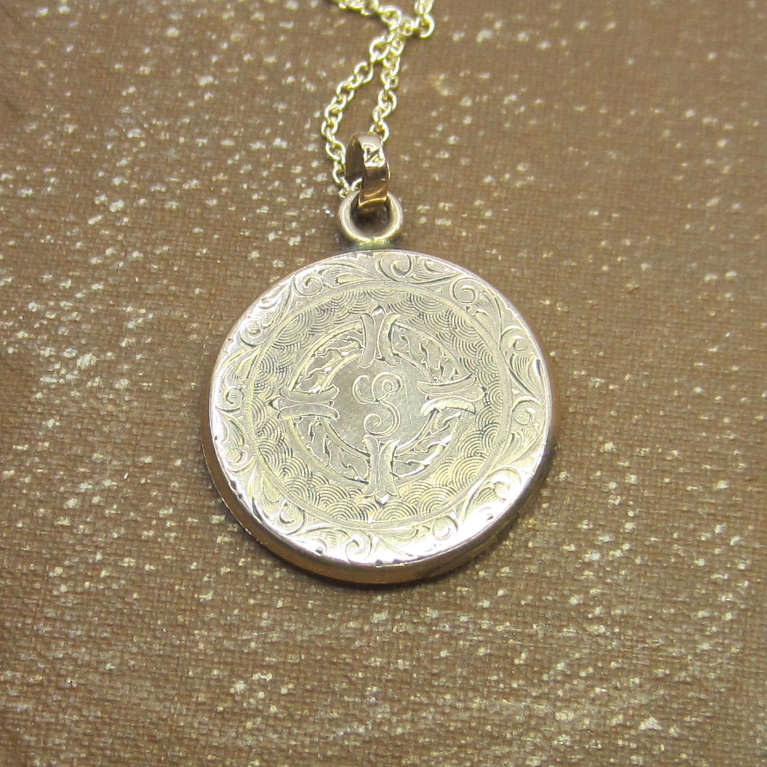 Silver coin pendant on a chain against a textured brown background