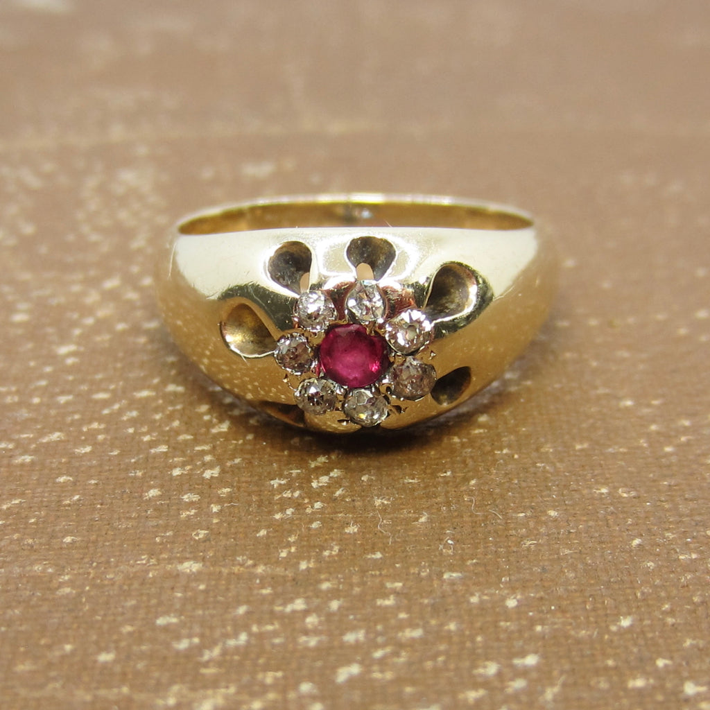 Antique 14k Gold Ruby and Old Mine Cut Diamond Flower Cluster Ring c.1890s