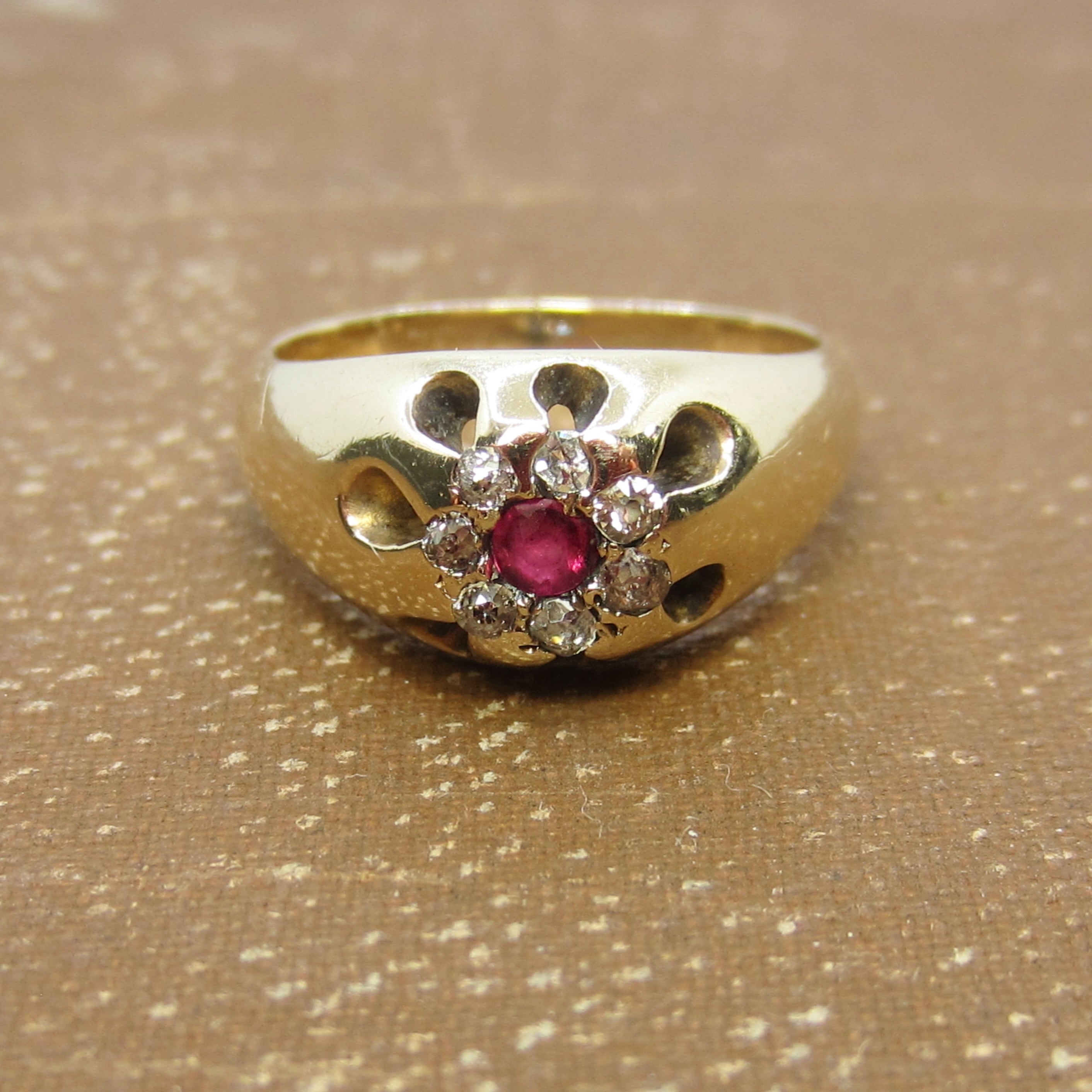 Antique 14k Gold Ruby and Old Mine Cut Diamond Flower Cluster Ring c.1890s