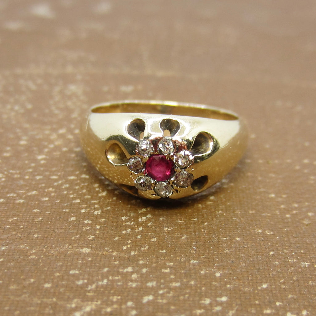 Antique 14k Gold Ruby and Old Mine Cut Diamond Flower Cluster Ring c.1890s