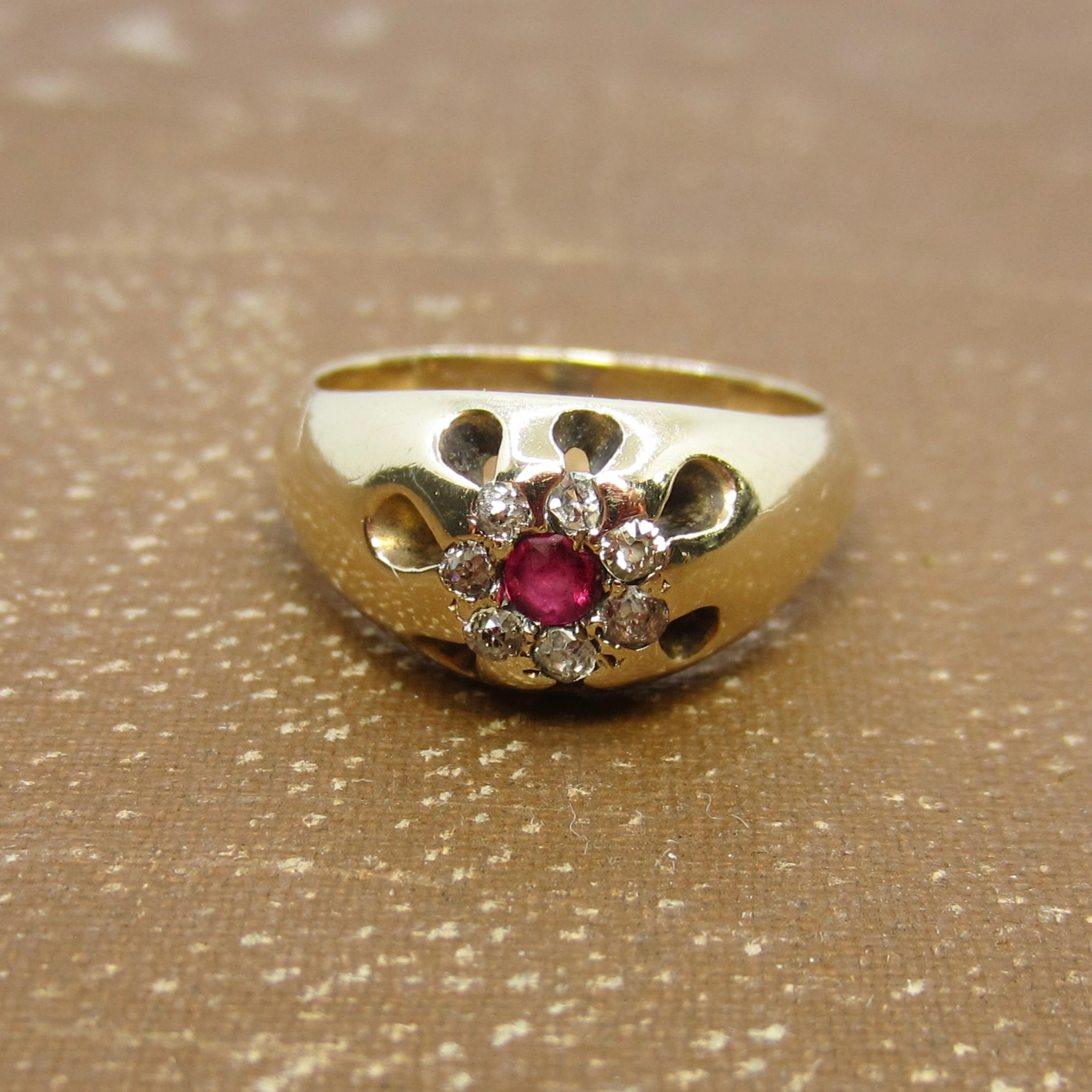 Antique 14k Gold Ruby and Old Mine Cut Diamond Flower Cluster Ring c.1890s