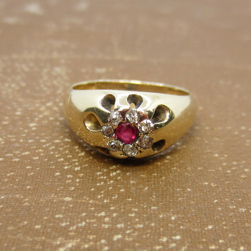 Antique 14k Gold Ruby and Old Mine Cut Diamond Flower Cluster Ring c.1890s