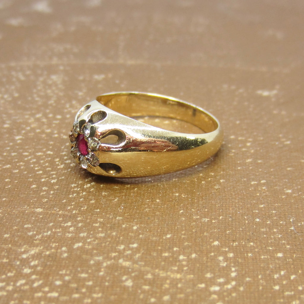 Antique 14k Gold Ruby and Old Mine Cut Diamond Flower Cluster Ring c.1890s