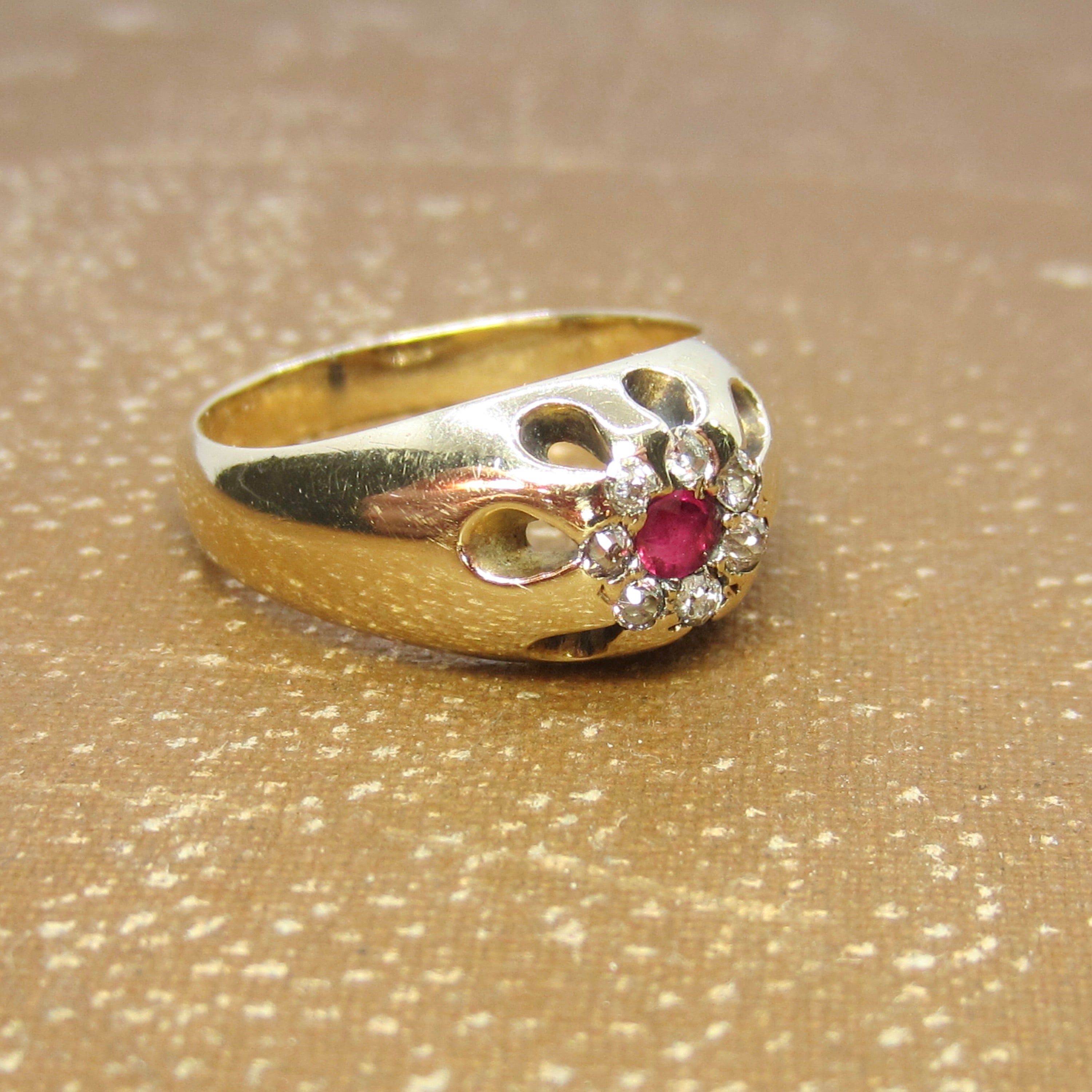 Antique 14k Gold Ruby and Old Mine Cut Diamond Flower Cluster Ring c.1890s