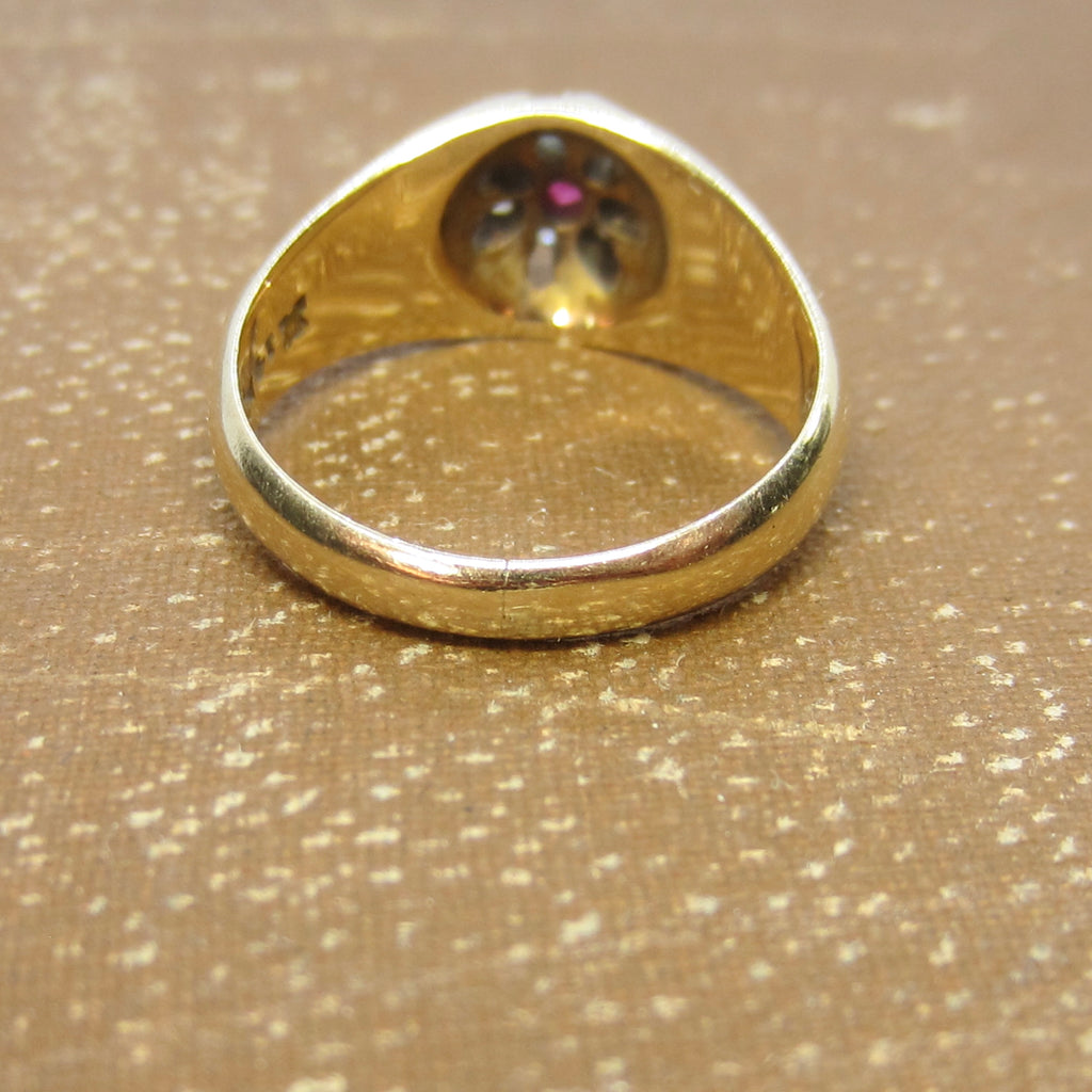 Antique 14k Gold Ruby and Old Mine Cut Diamond Flower Cluster Ring c.1890s