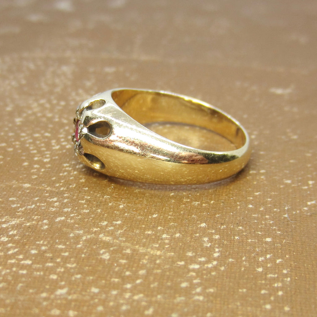 Antique 14k Gold Ruby and Old Mine Cut Diamond Flower Cluster Ring c.1890s