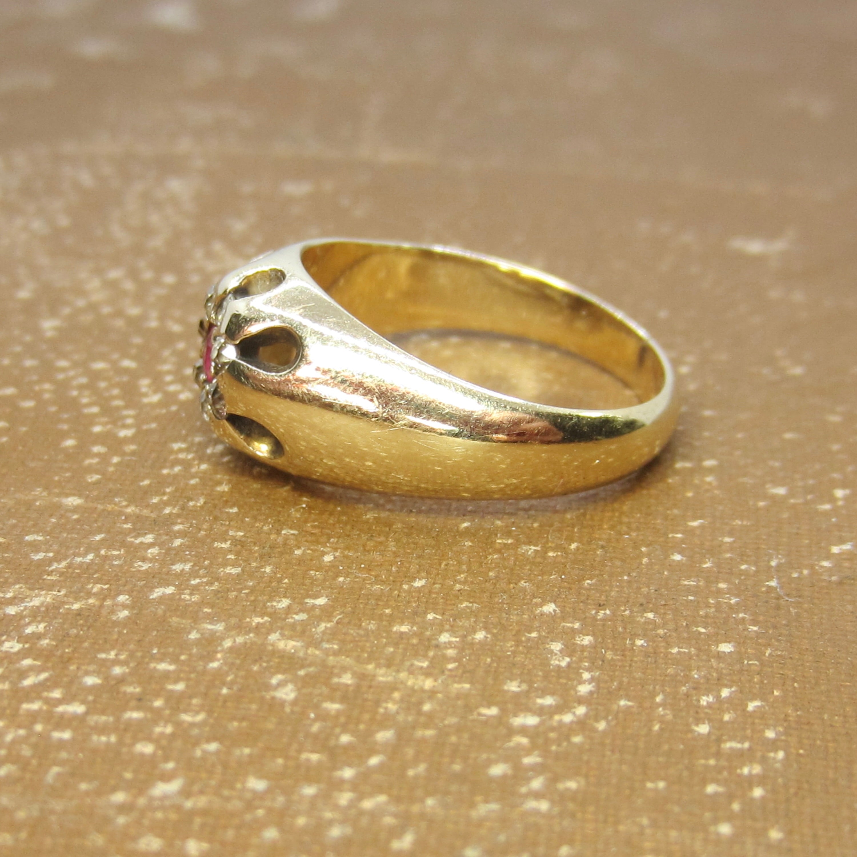 Antique 14k Gold Ruby and Old Mine Cut Diamond Flower Cluster Ring c.1890s