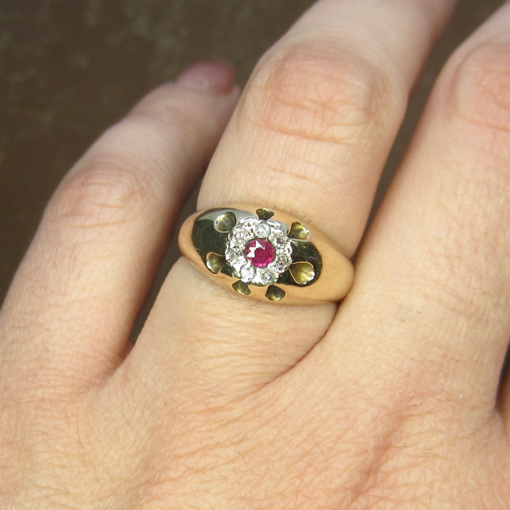 Antique 14k Gold Ruby and Old Mine Cut Diamond Flower Cluster Ring c.1890s