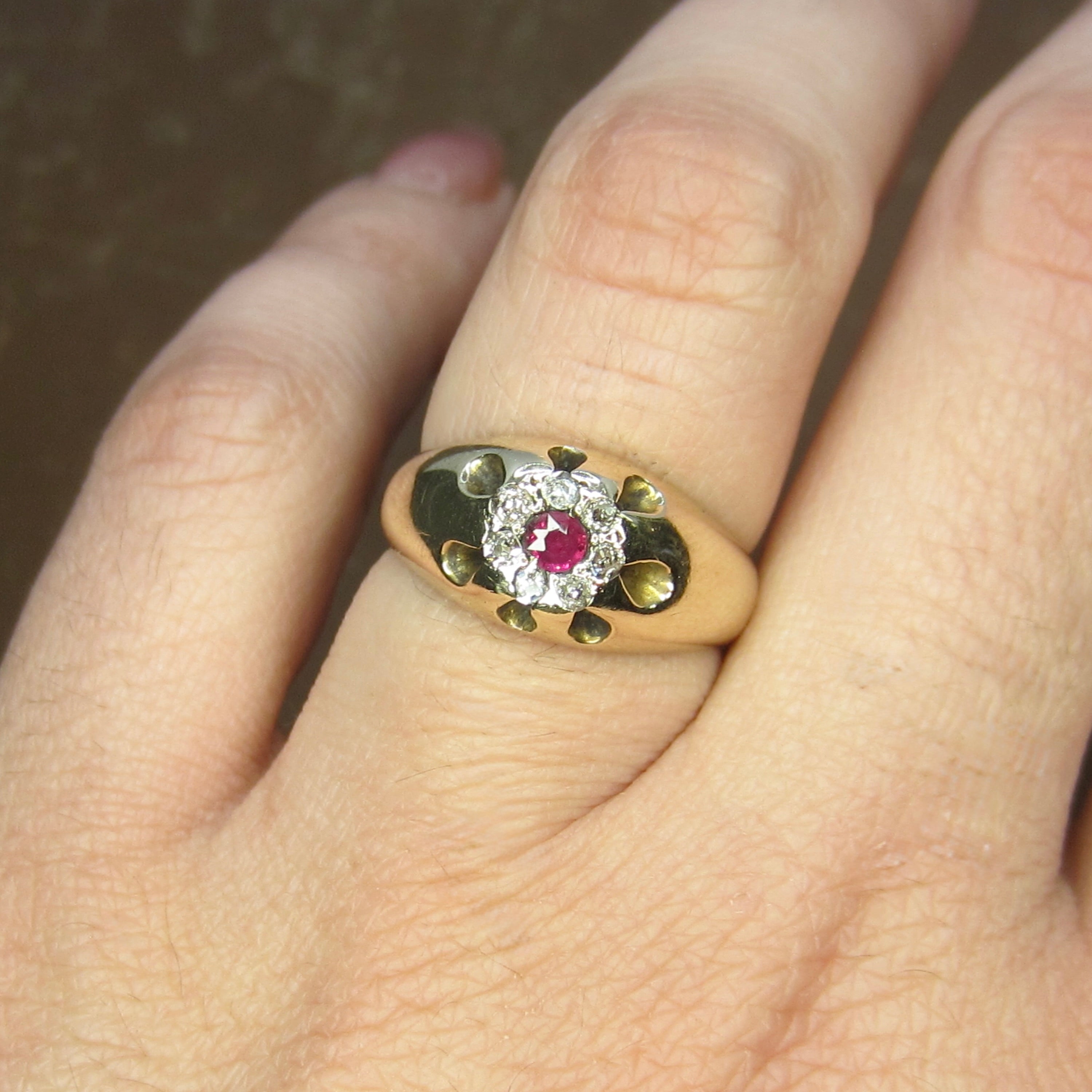 Antique 14k Gold Ruby and Old Mine Cut Diamond Flower Cluster Ring c.1890s