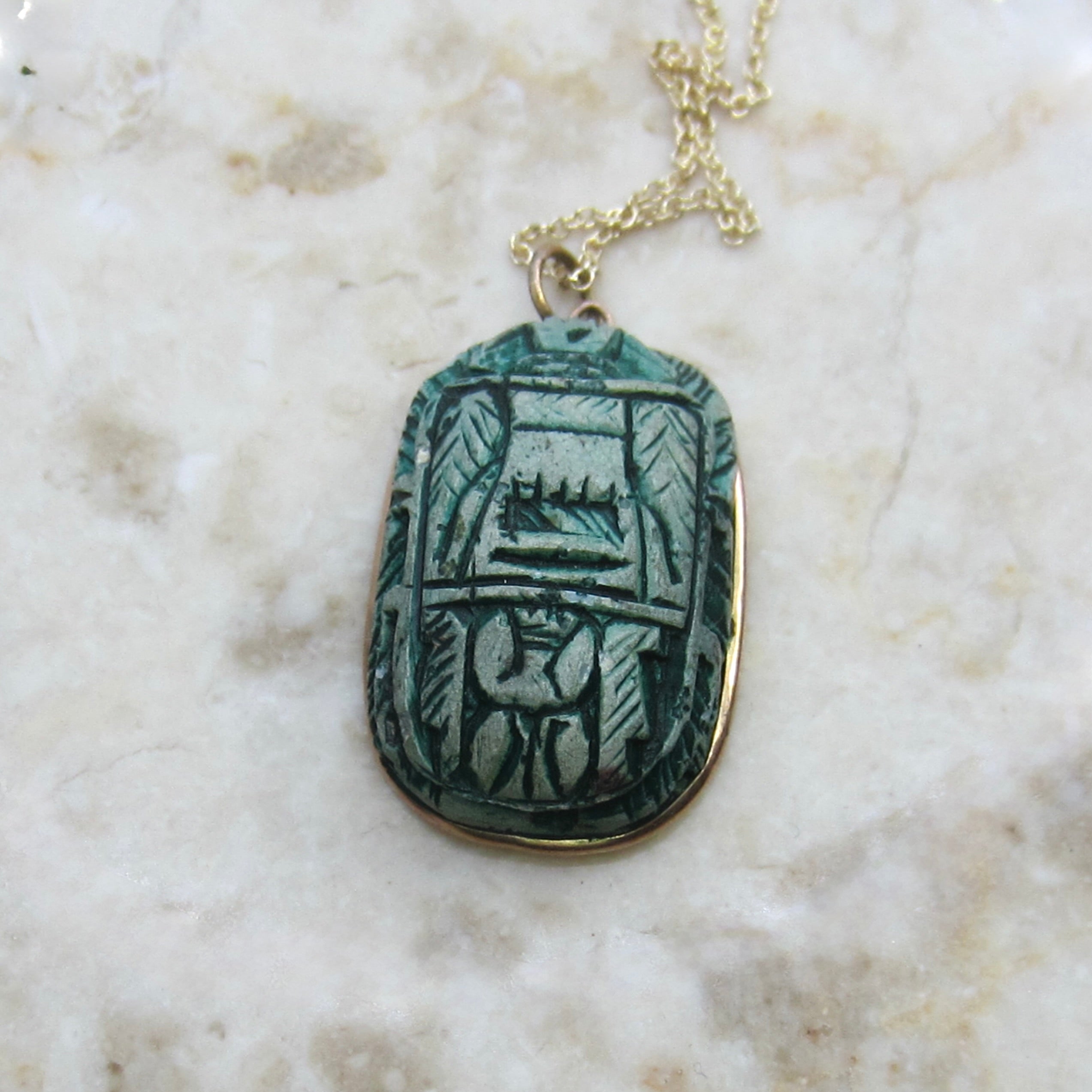 Vintage Large Faience Scarab Pendant in 14k Gold Frame