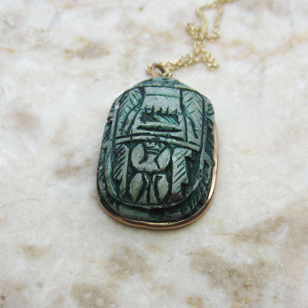 Vintage Large Faience Scarab Pendant in 14k Gold Frame