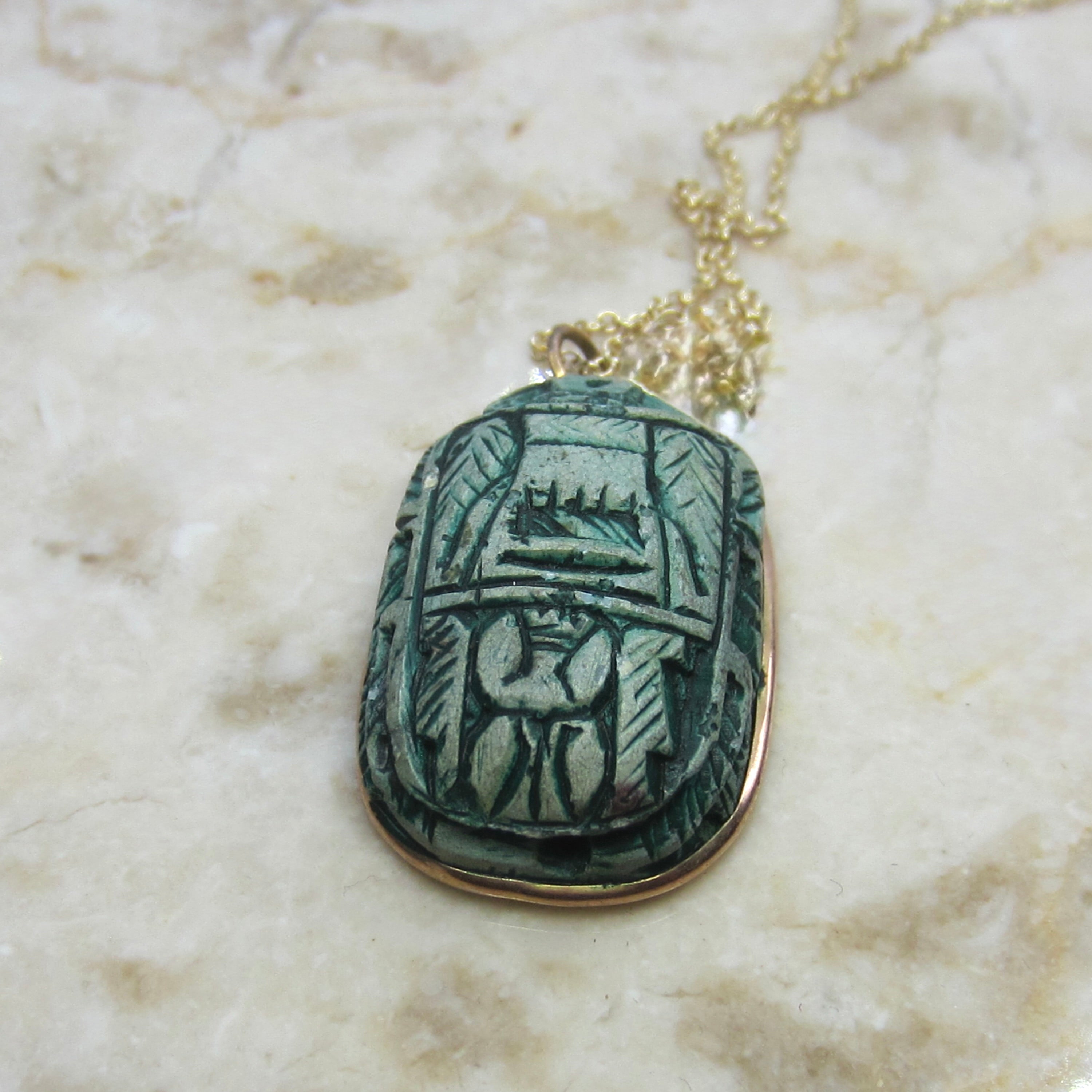 Vintage Large Faience Scarab Pendant in 14k Gold Frame