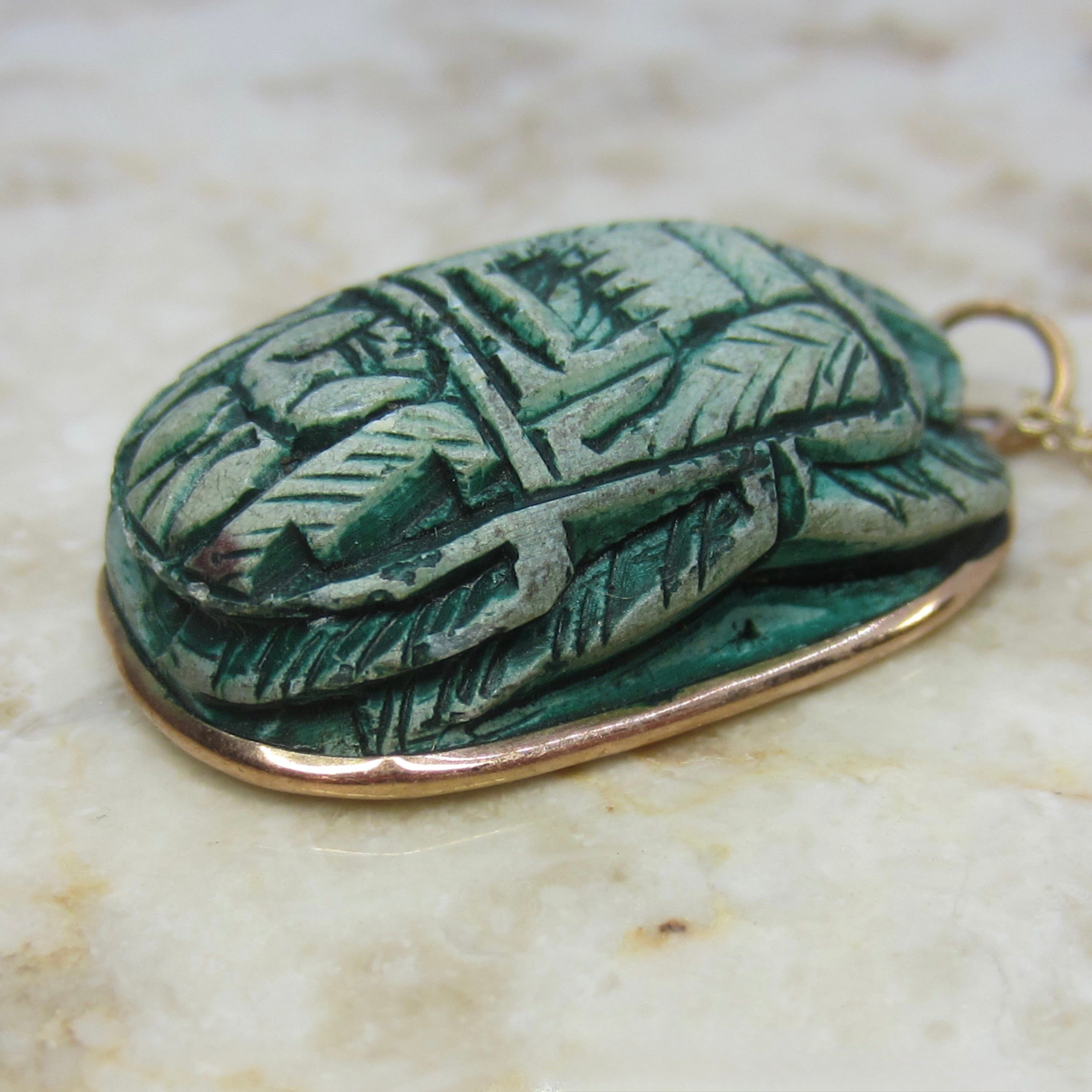 Vintage Large Faience Scarab Pendant in 14k Gold Frame