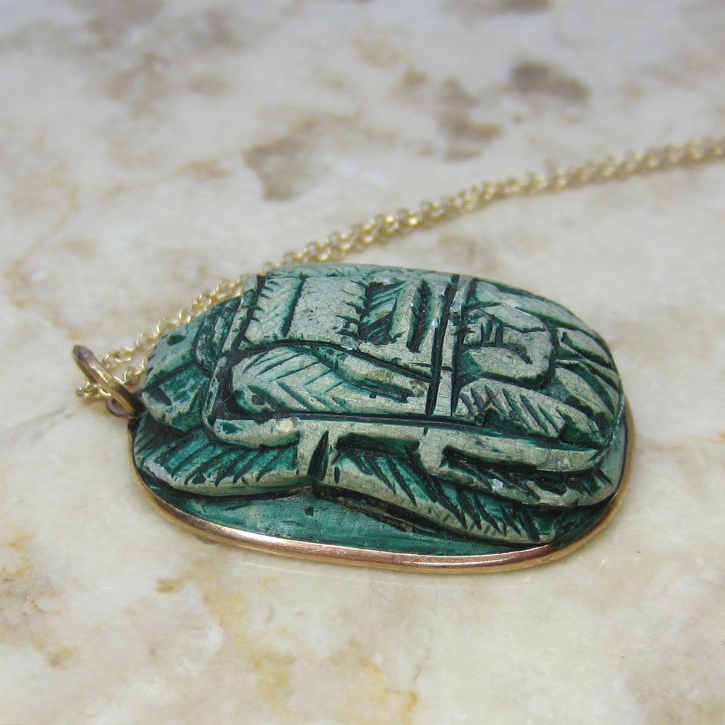 Vintage Large Faience Scarab Pendant in 14k Gold Frame