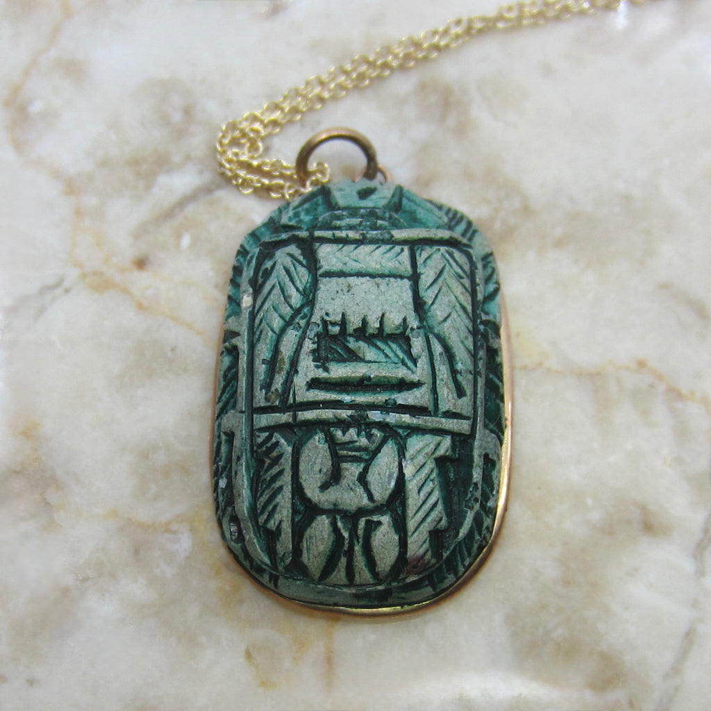 Vintage Large Faience Scarab Pendant in 14k Gold Frame