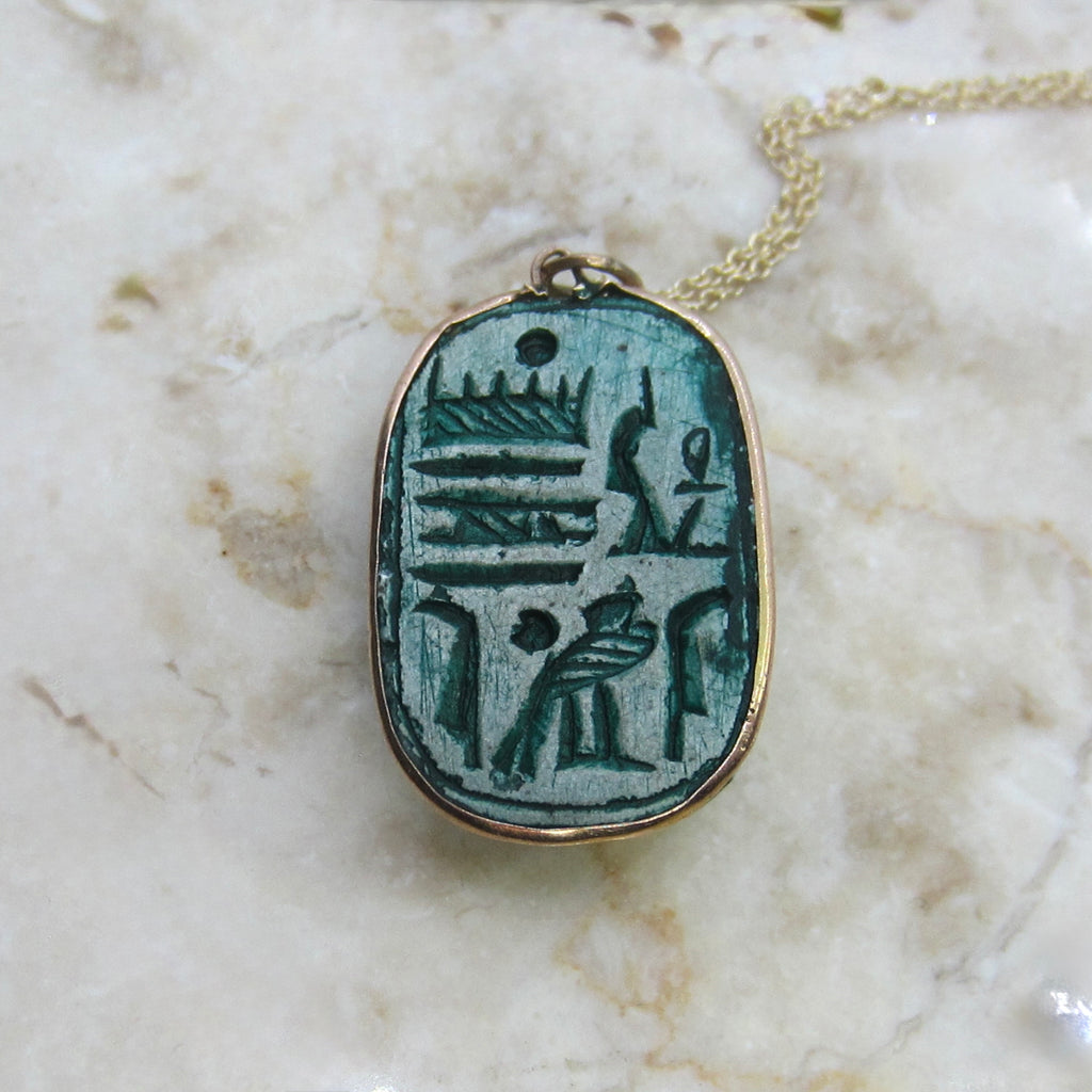 Vintage Large Faience Scarab Pendant in 14k Gold Frame