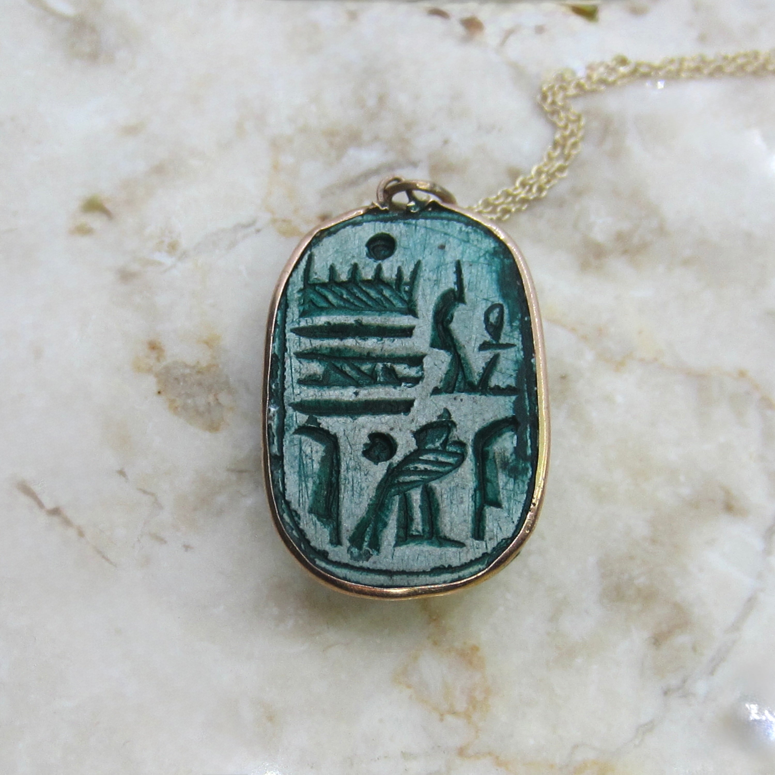 Vintage Large Faience Scarab Pendant in 14k Gold Frame