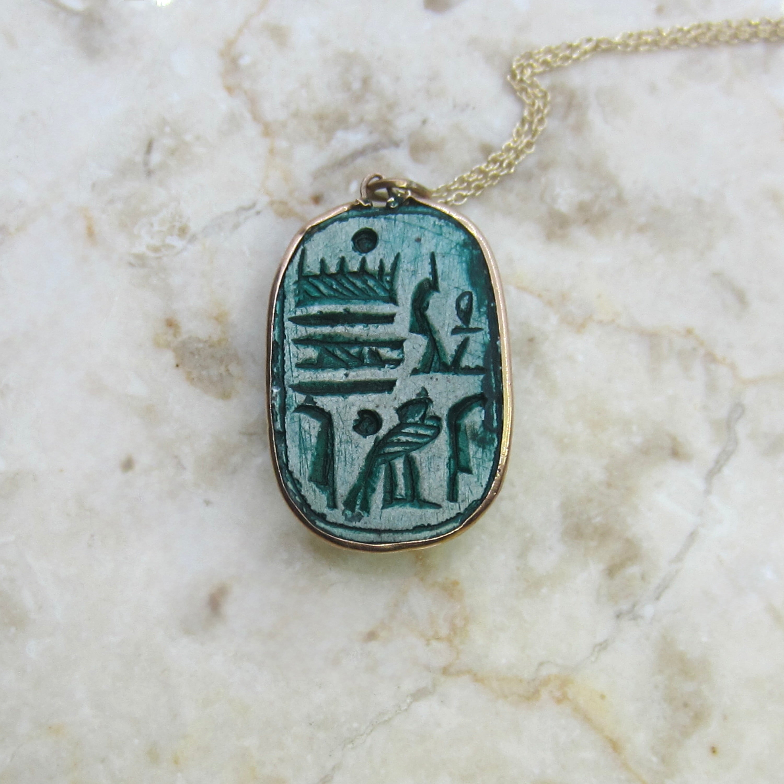 Vintage Large Faience Scarab Pendant in 14k Gold Frame