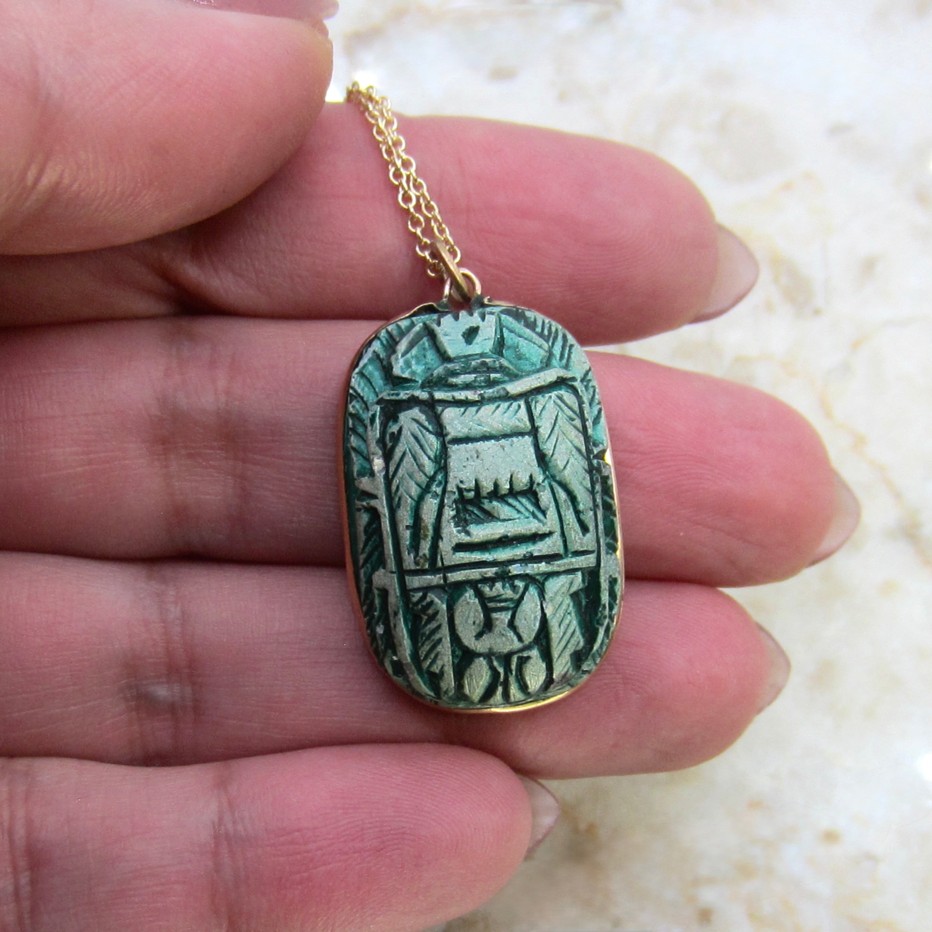Vintage Large Faience Scarab Pendant in 14k Gold Frame