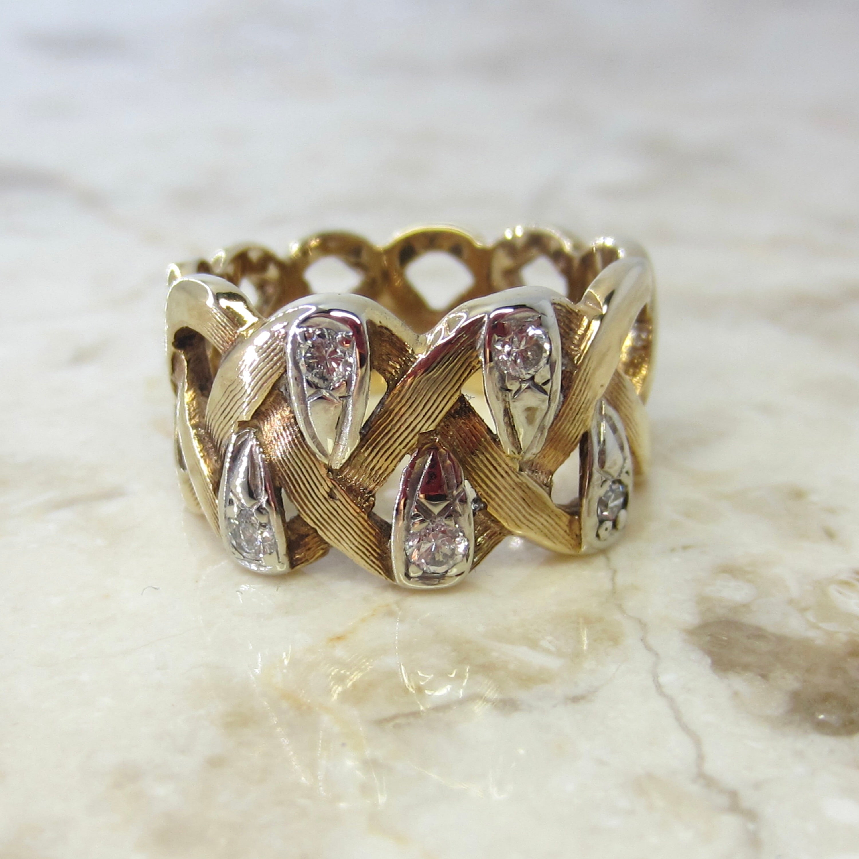 Vintage 14K Gold Diamond Woven Wide Band Ring c.1970s