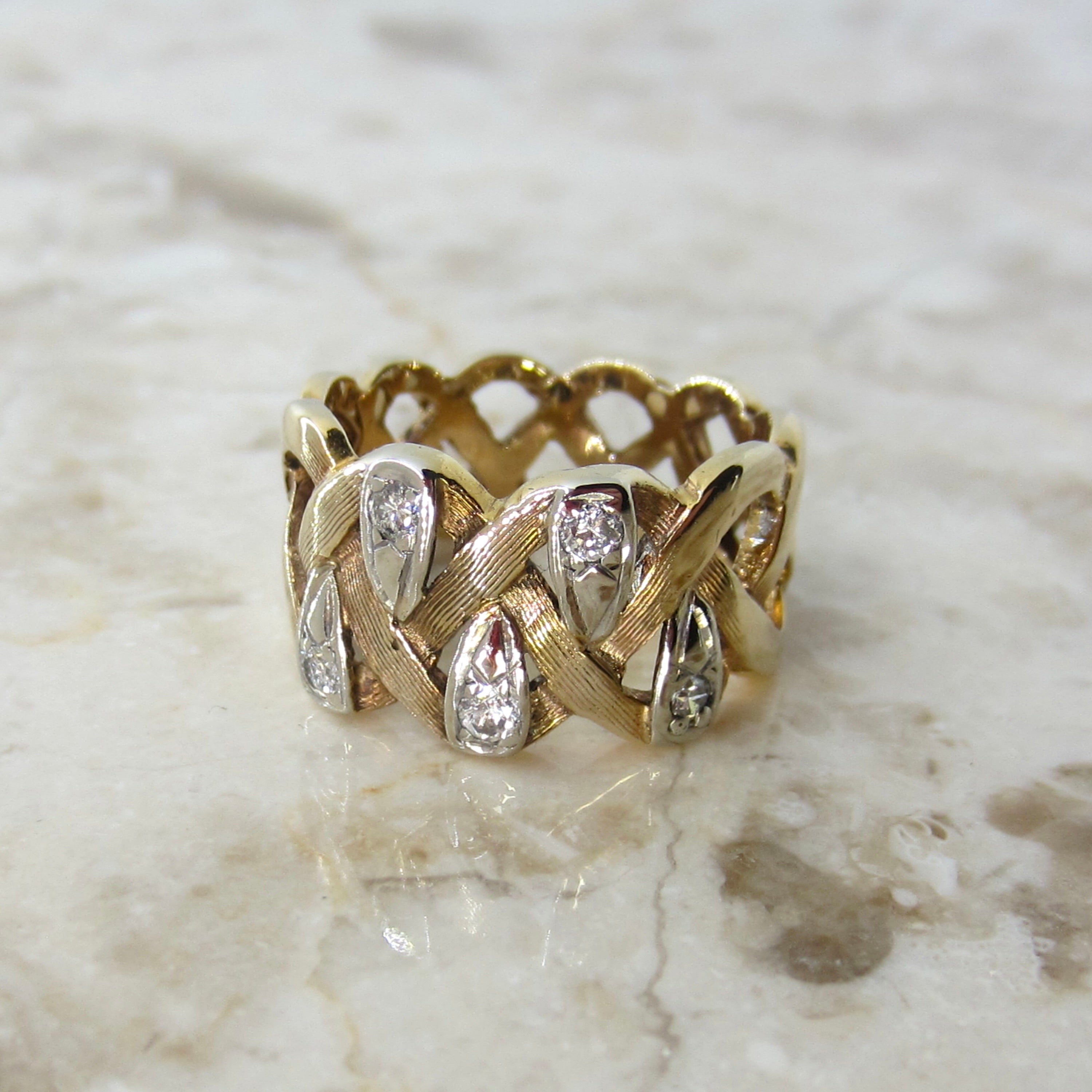 Vintage 14K Gold Diamond Woven Wide Band Ring c.1970s