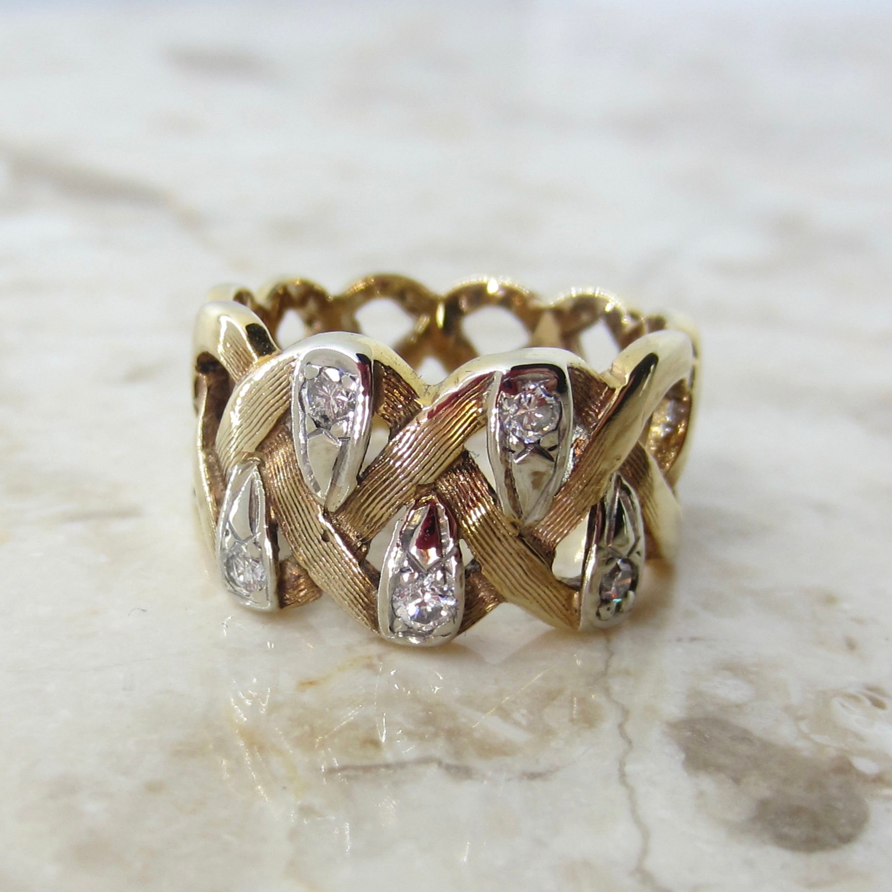 Vintage 14K Gold Diamond Woven Wide Band Ring c.1970s