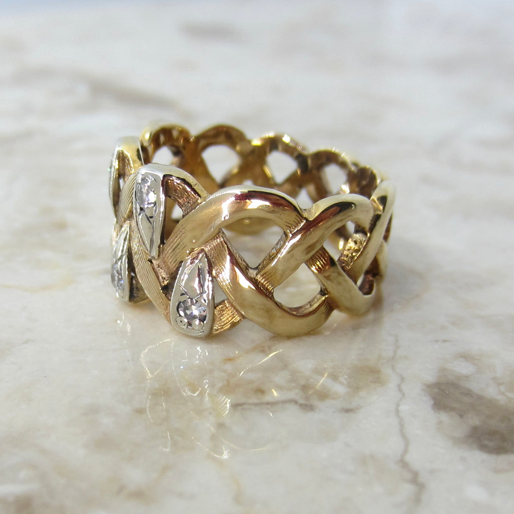 Vintage 14K Gold Diamond Woven Wide Band Ring c.1970s