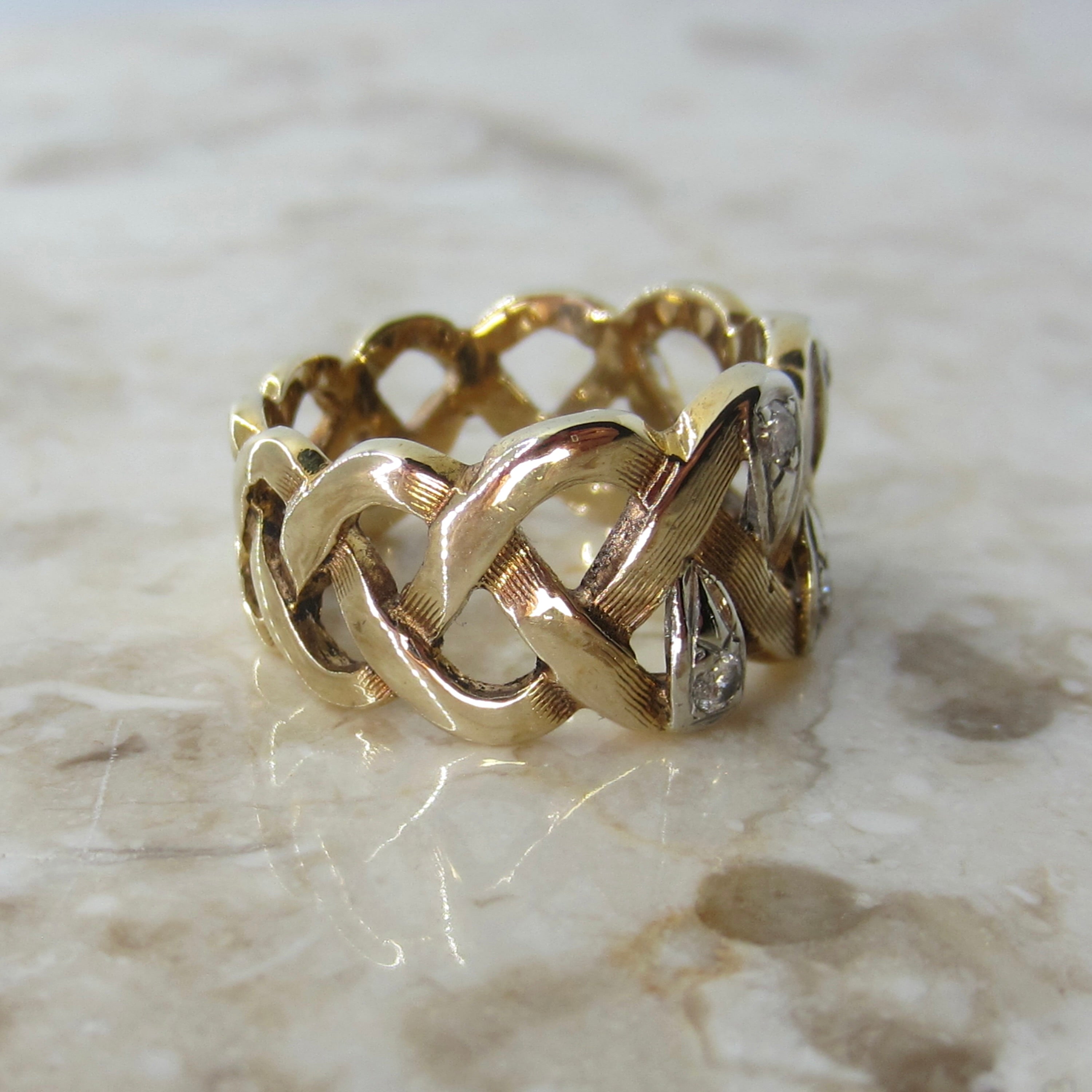 Vintage 14K Gold Diamond Woven Wide Band Ring c.1970s