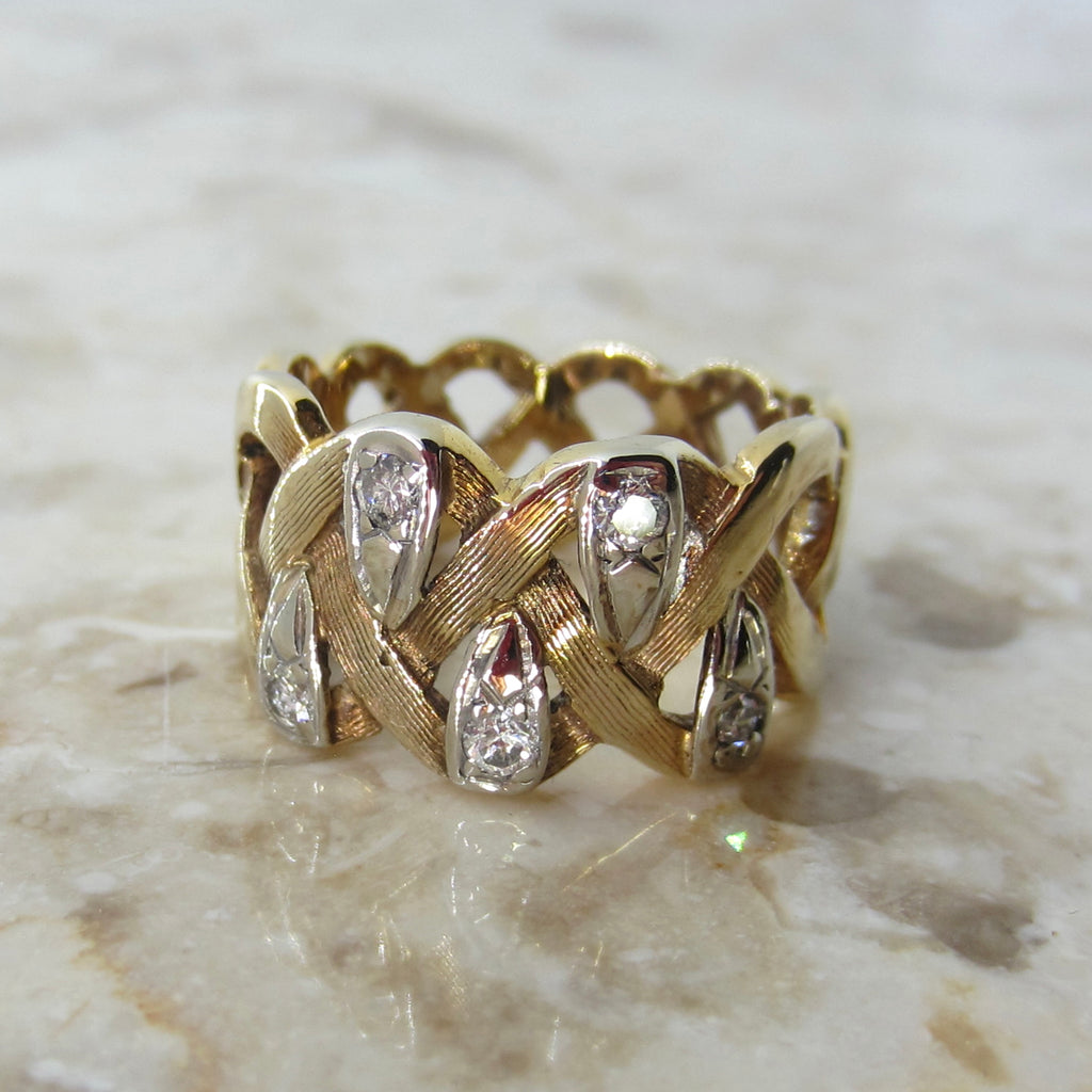 Vintage 14K Gold Diamond Woven Wide Band Ring c.1970s