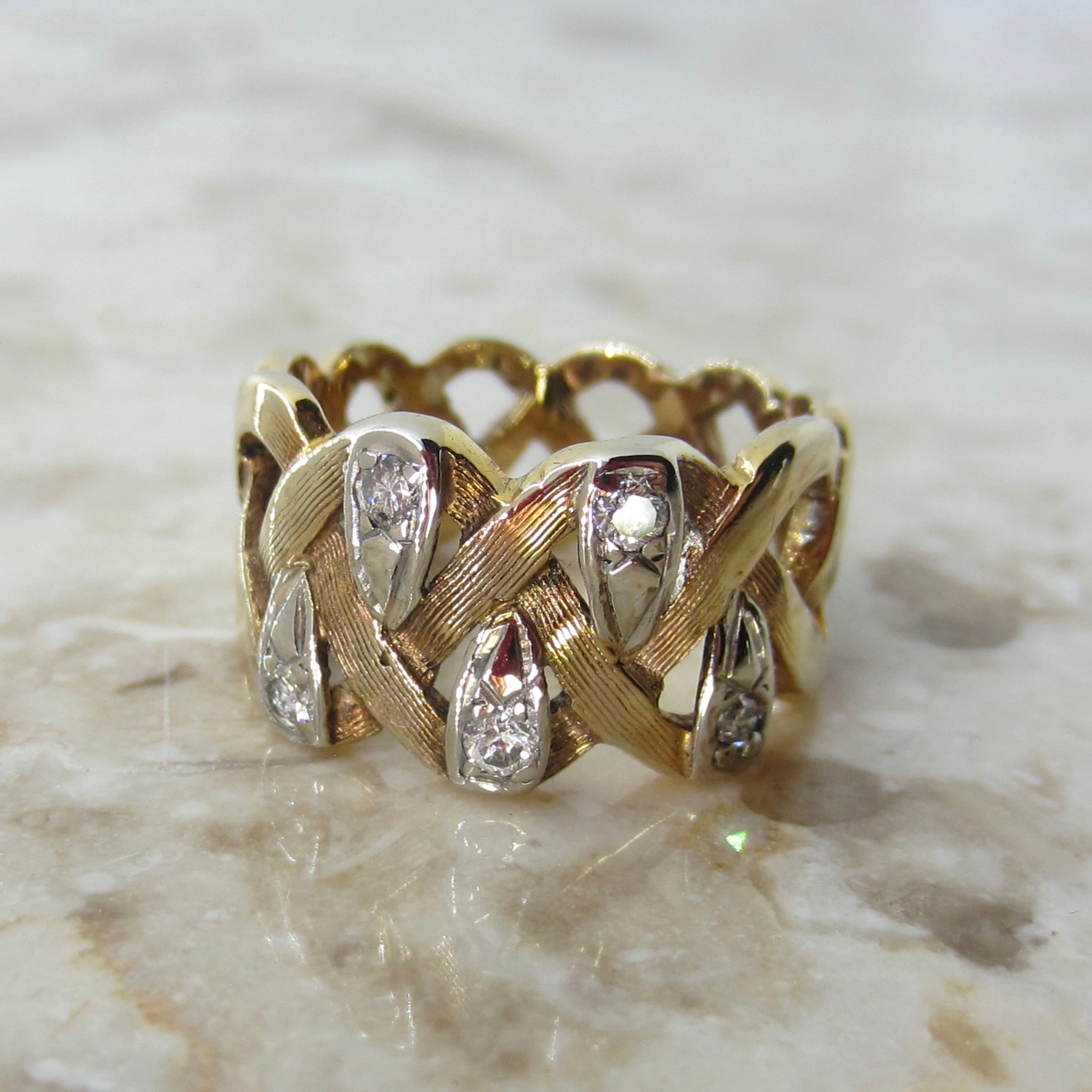 Vintage 14K Gold Diamond Woven Wide Band Ring c.1970s