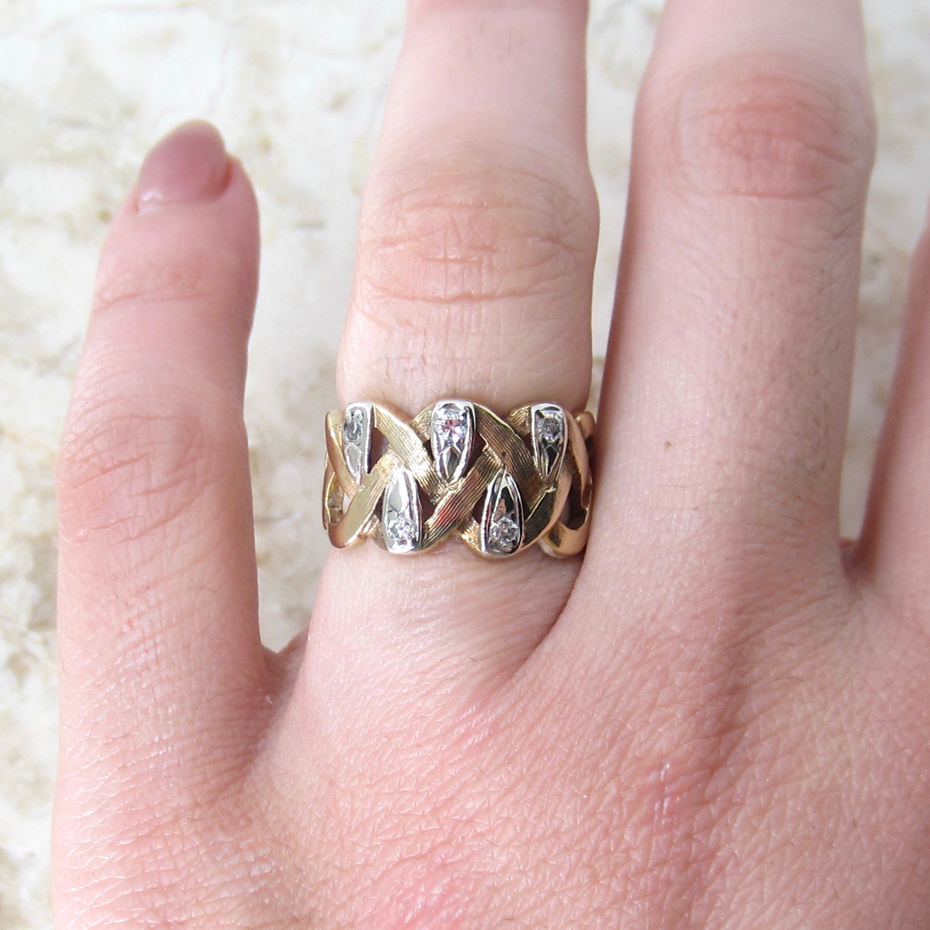 Vintage 14K Gold Diamond Woven Wide Band Ring c.1970s