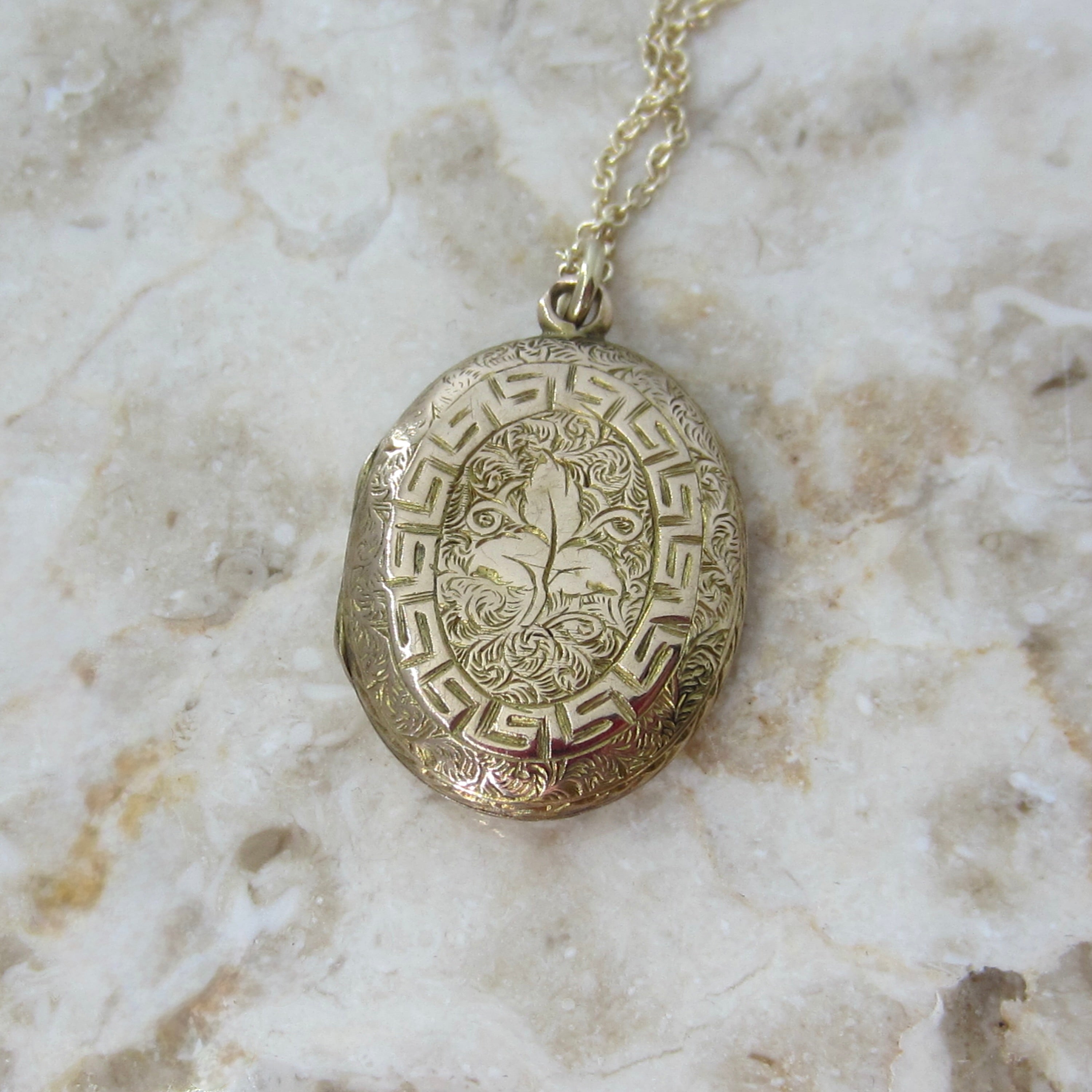 Antique Victorian 14k Gold Double Sided Ivy Greek Key Locket c.1880s