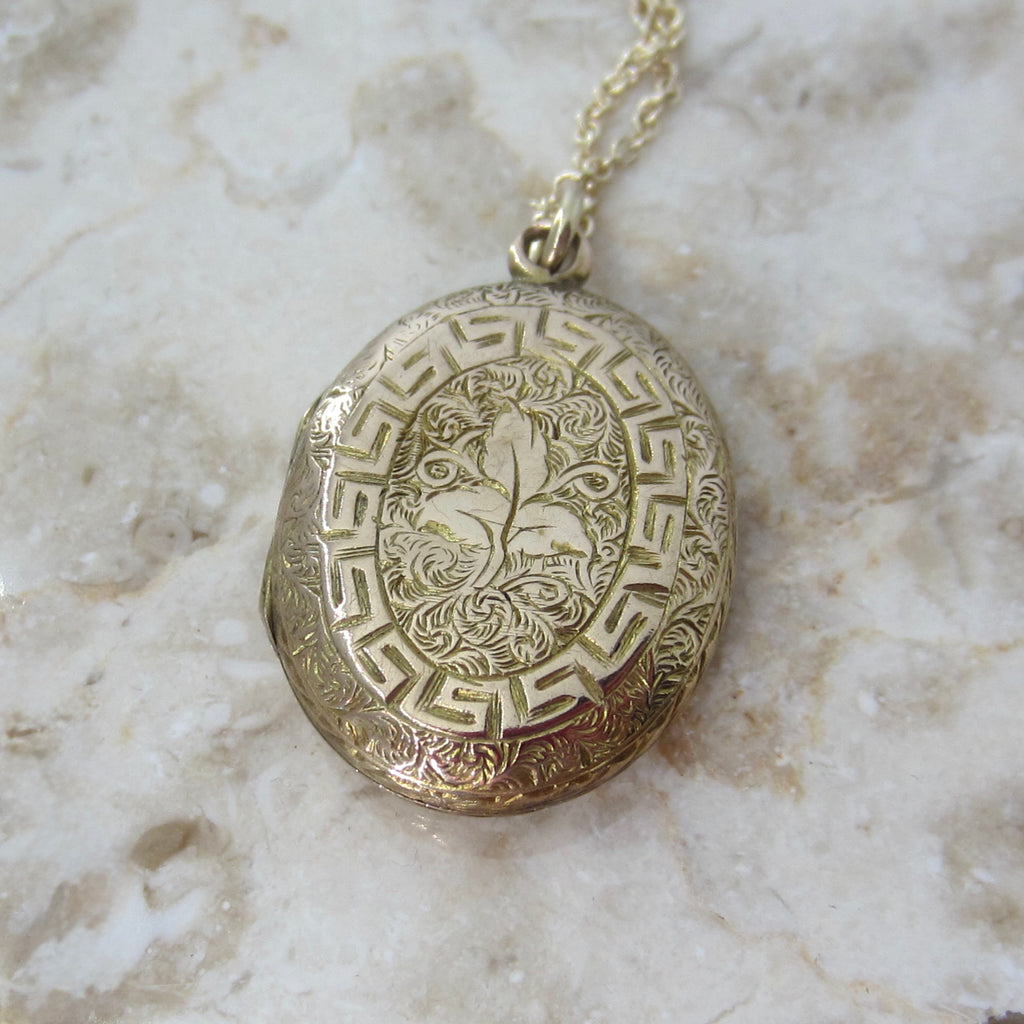 Antique Victorian 14k Gold Double Sided Ivy Greek Key Locket c.1880s