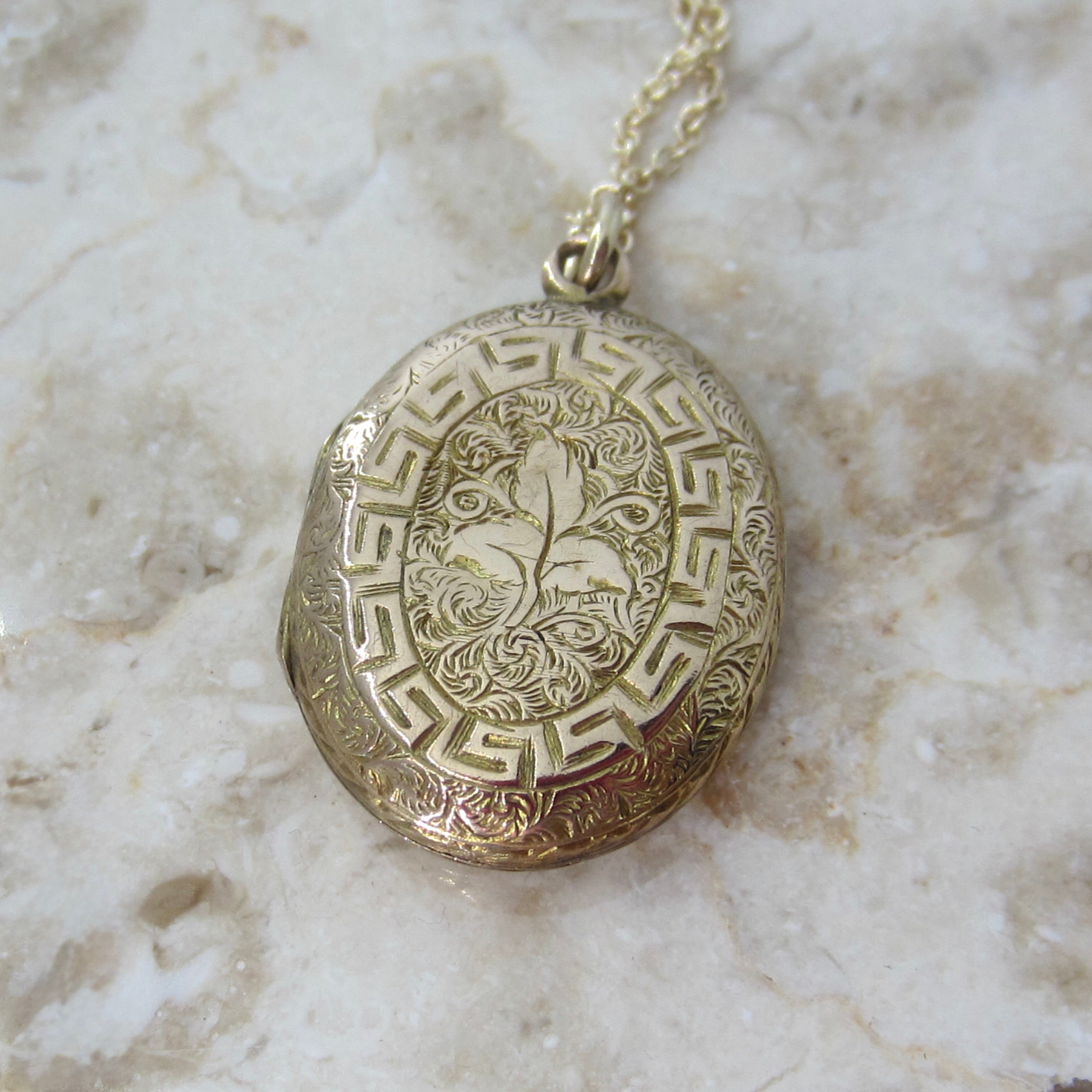 Antique Victorian 14k Gold Double Sided Ivy Greek Key Locket c.1880s