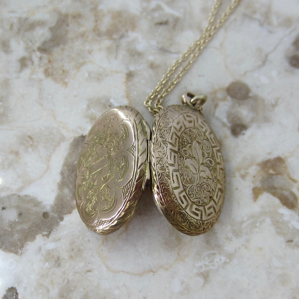 Antique Victorian 14k Gold Double Sided Ivy Greek Key Locket c.1880s