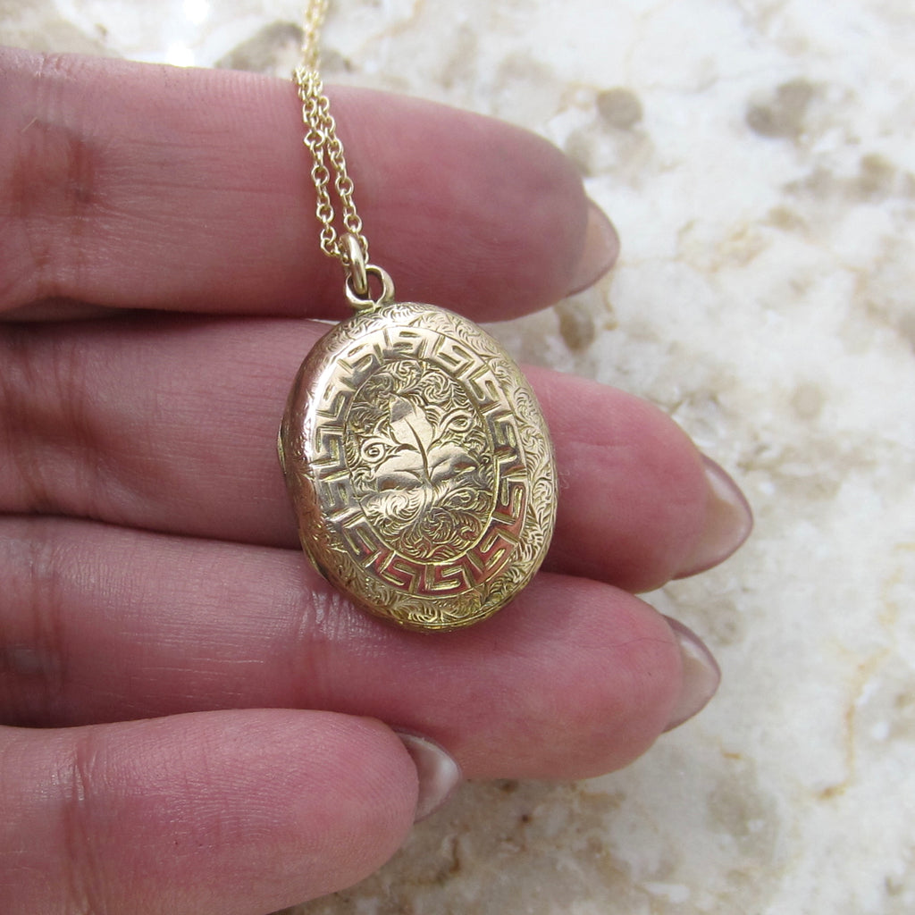 Antique Victorian 14k Gold Double Sided Ivy Greek Key Locket c.1880s