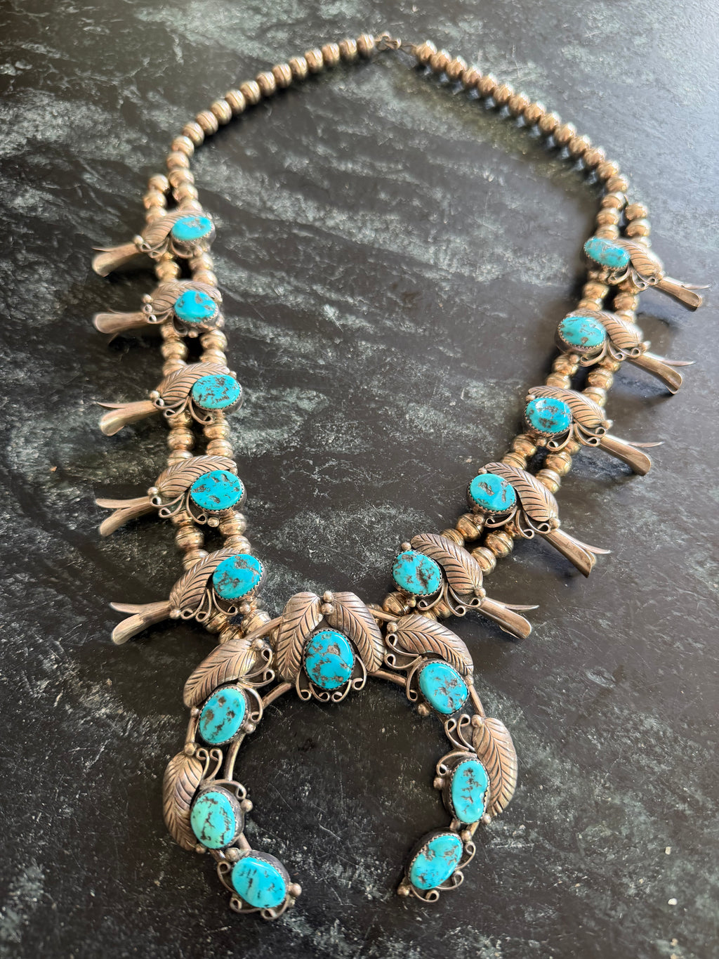 Vintage Navajo Sterling Silver Turquoise Squash Blossom Necklace, Circa 1970s