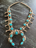Vintage Navajo Sterling Silver Turquoise Squash Blossom Necklace, Circa 1970s