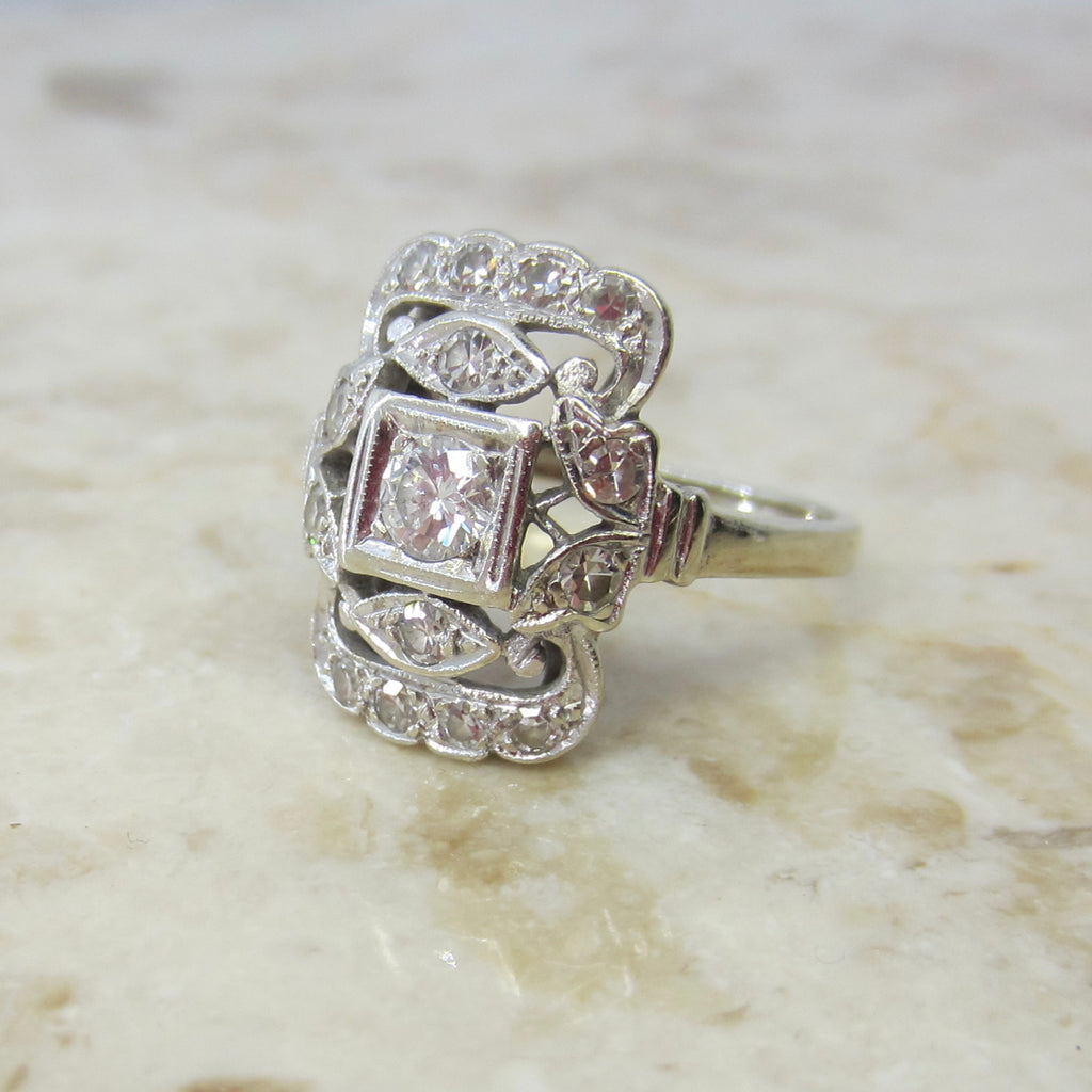 Antique Art Deco 14k White Gold Natural Diamond Ring c.1930s