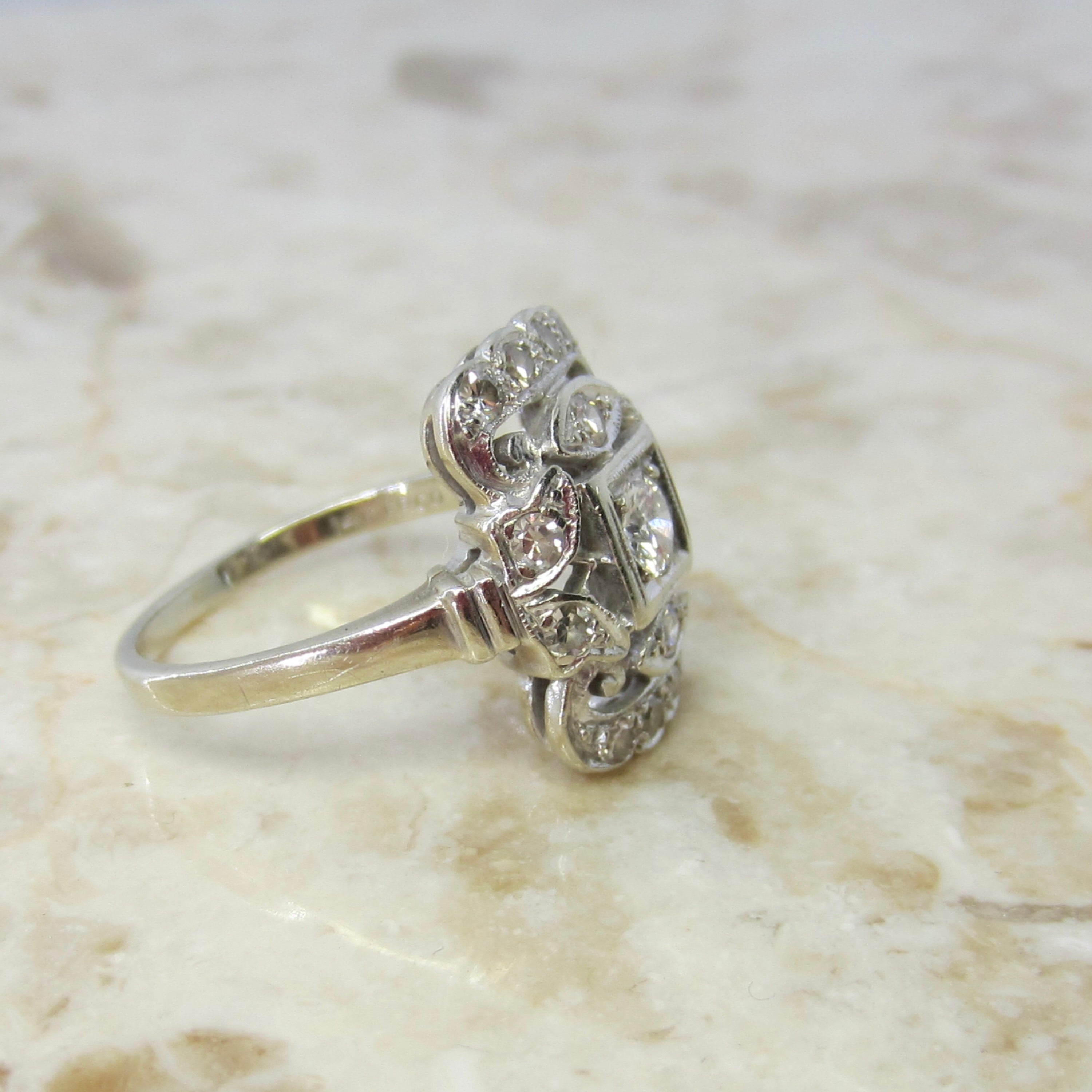 Antique Art Deco 14k White Gold Natural Diamond Ring c.1930s