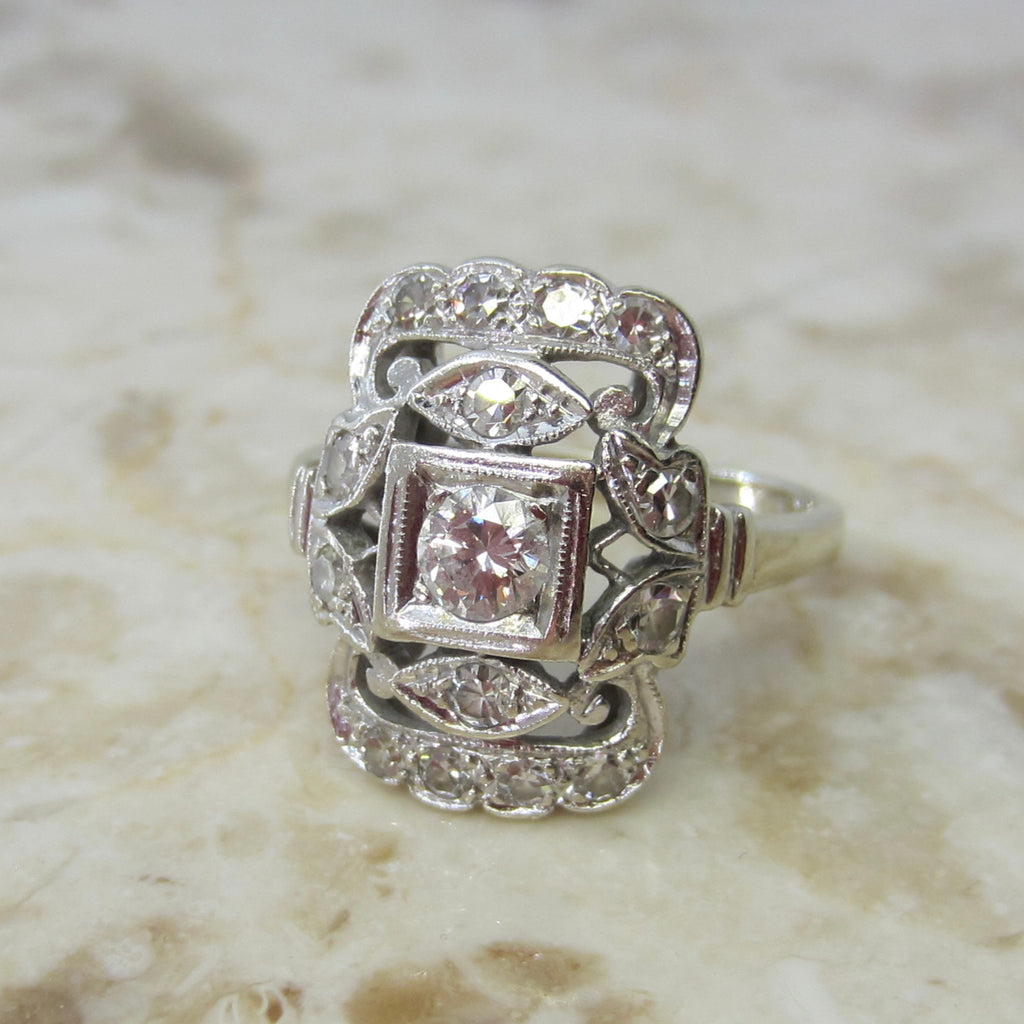 Antique Art Deco 14k White Gold Natural Diamond Ring c.1930s