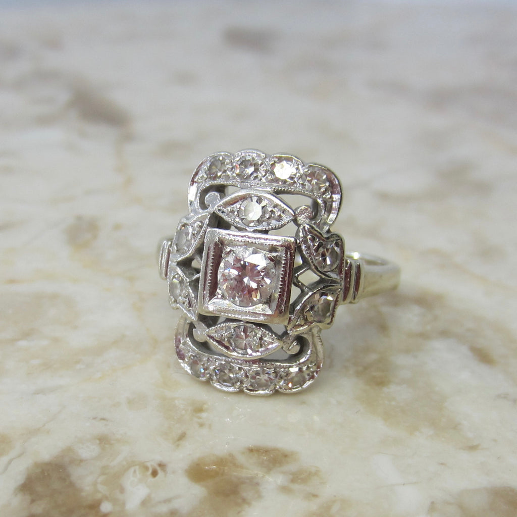 Antique Art Deco 14k White Gold Natural Diamond Ring c.1930s