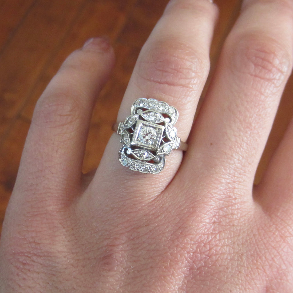 Antique Art Deco 14k White Gold Natural Diamond Ring c.1930s