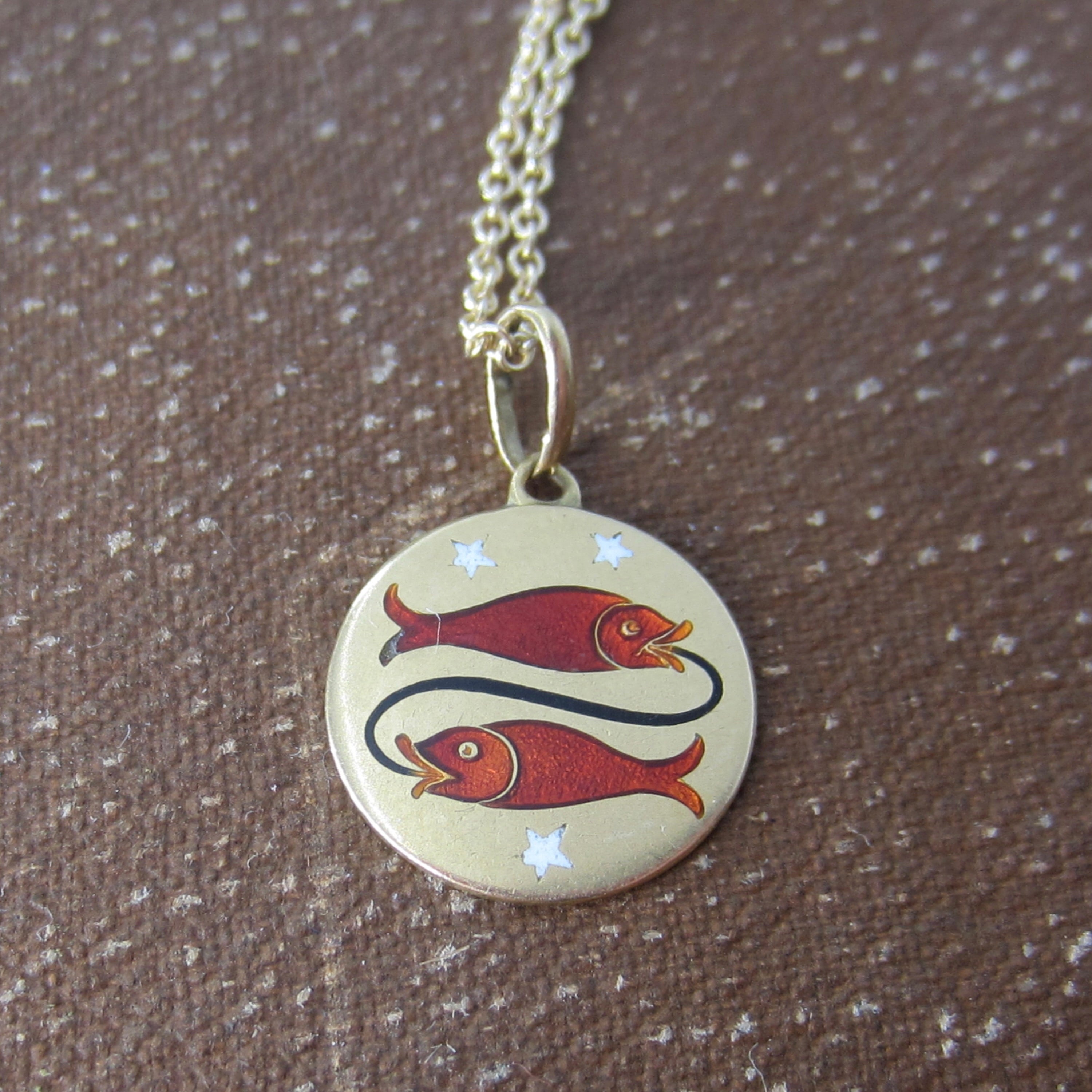 Vintage 18k Gold Enamel Pisces Zodiac Charm Necklace c.1930s