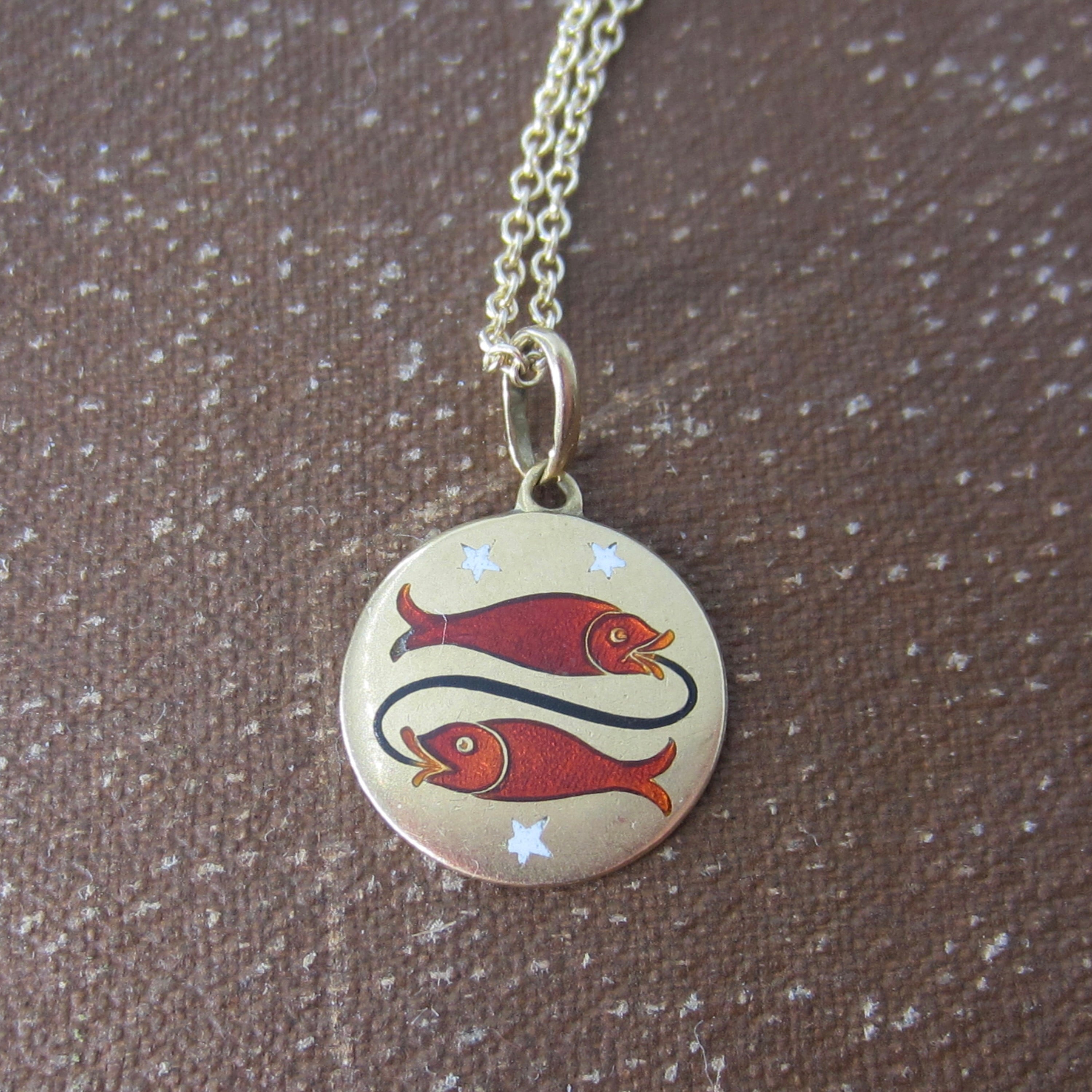 Vintage 18k Gold Enamel Pisces Zodiac Charm Necklace c.1930s